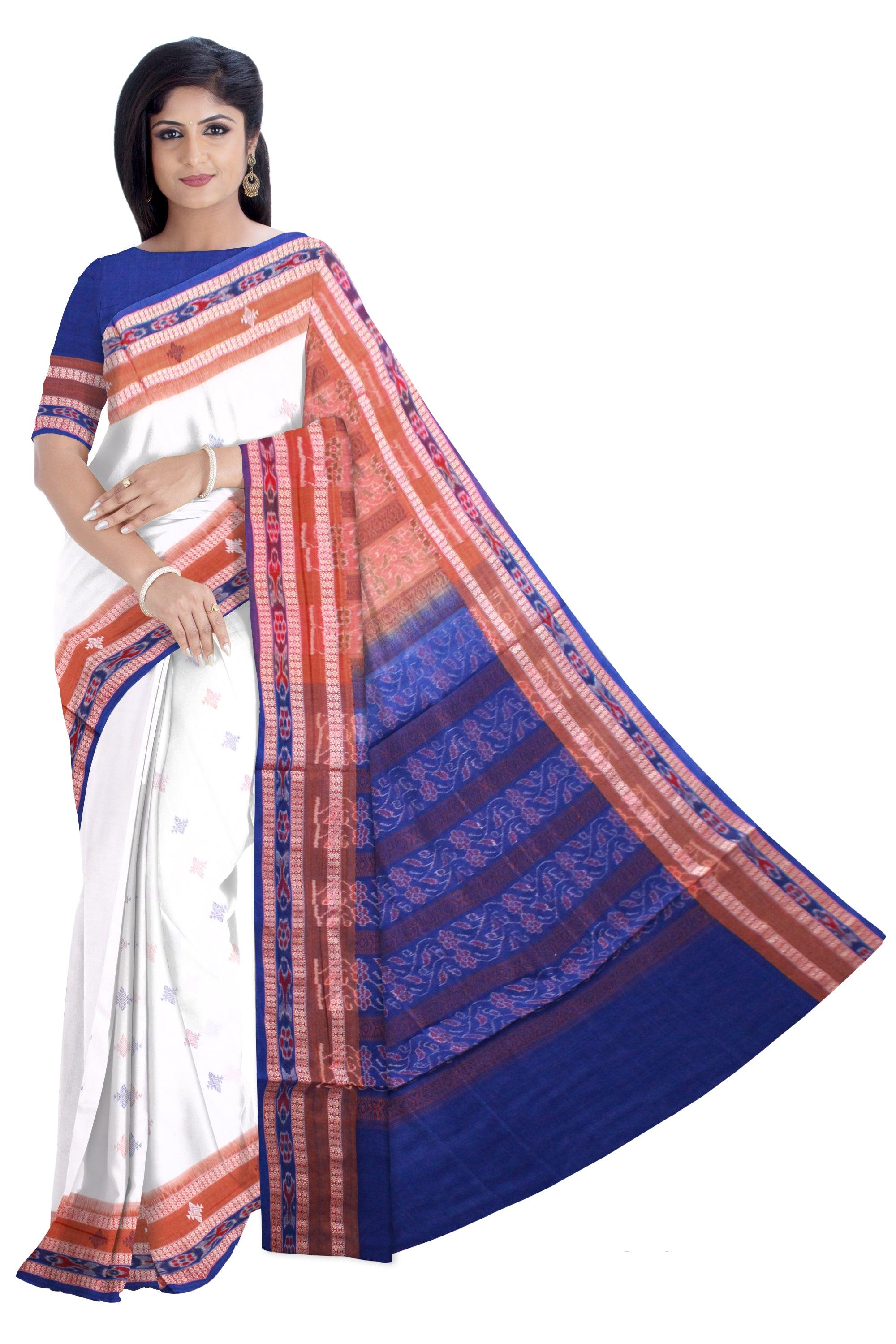 White color sambalpuri cotton saree with blouse piece. - Koshali Arts & Crafts Enterprise