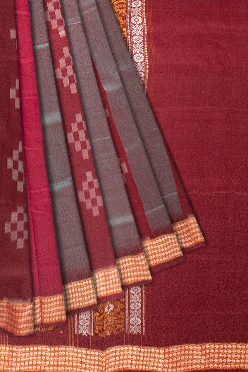 Maroon, Pink and Celestial Blue Color Traditional Sambalpuri bomkei cotton Saree with blouse piece. - Koshali Arts & Crafts Enterprise