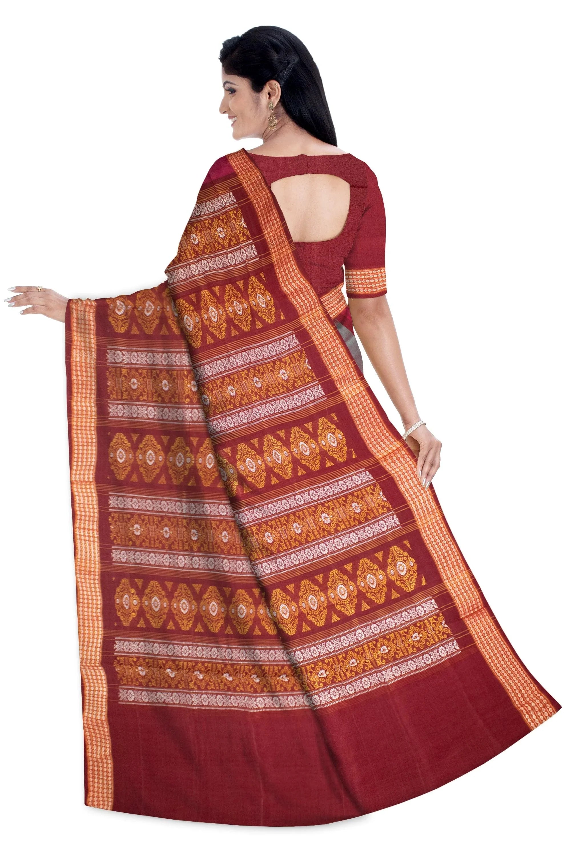 Maroon, Pink and Celestial Blue Color Traditional Sambalpuri bomkei cotton Saree with blouse piece. - Koshali Arts & Crafts Enterprise