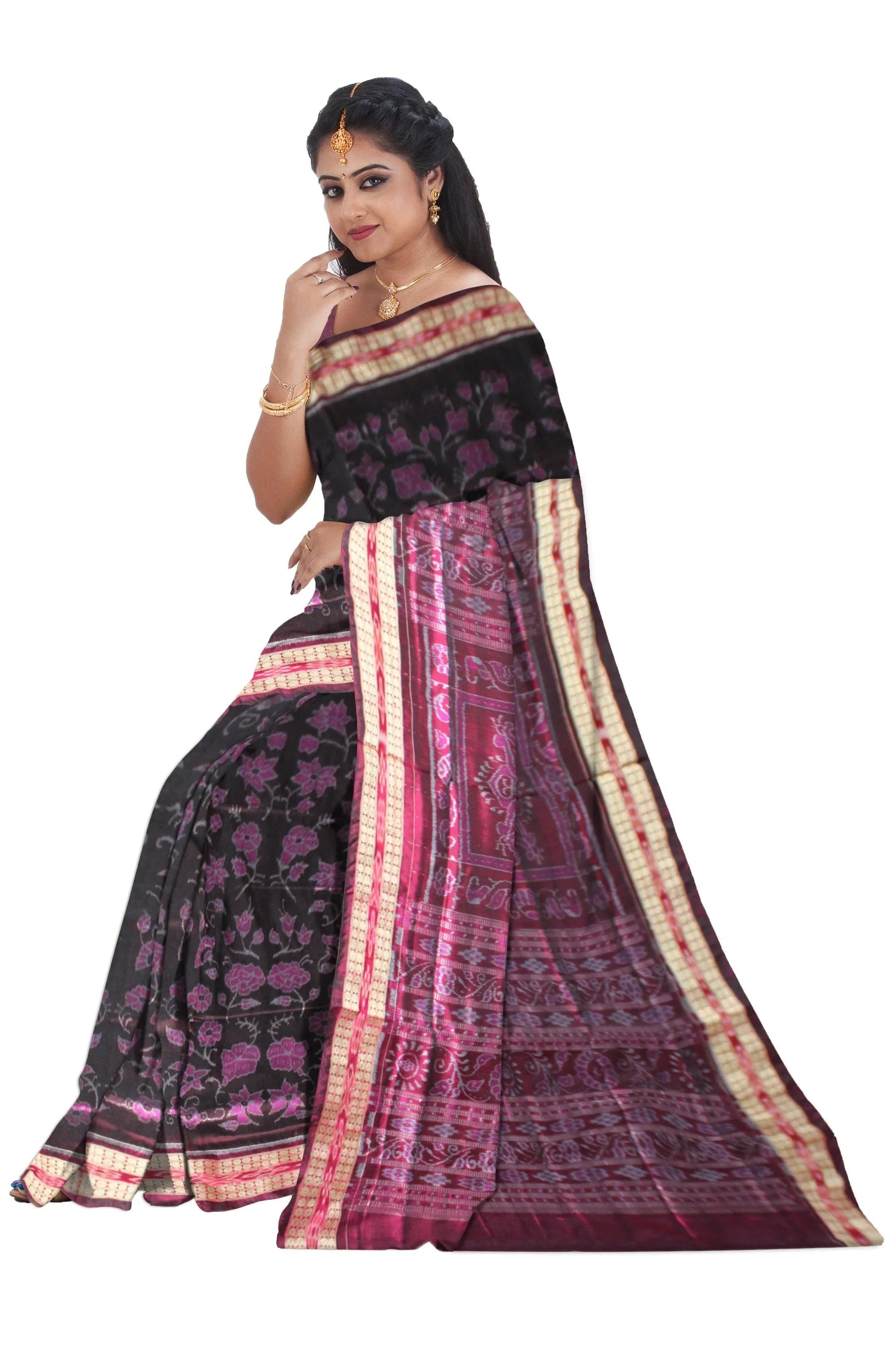 Latest Floral Design Black & Pink Colour Sambalpuri Pata Saree - Koshali Arts & Crafts Enterprise
