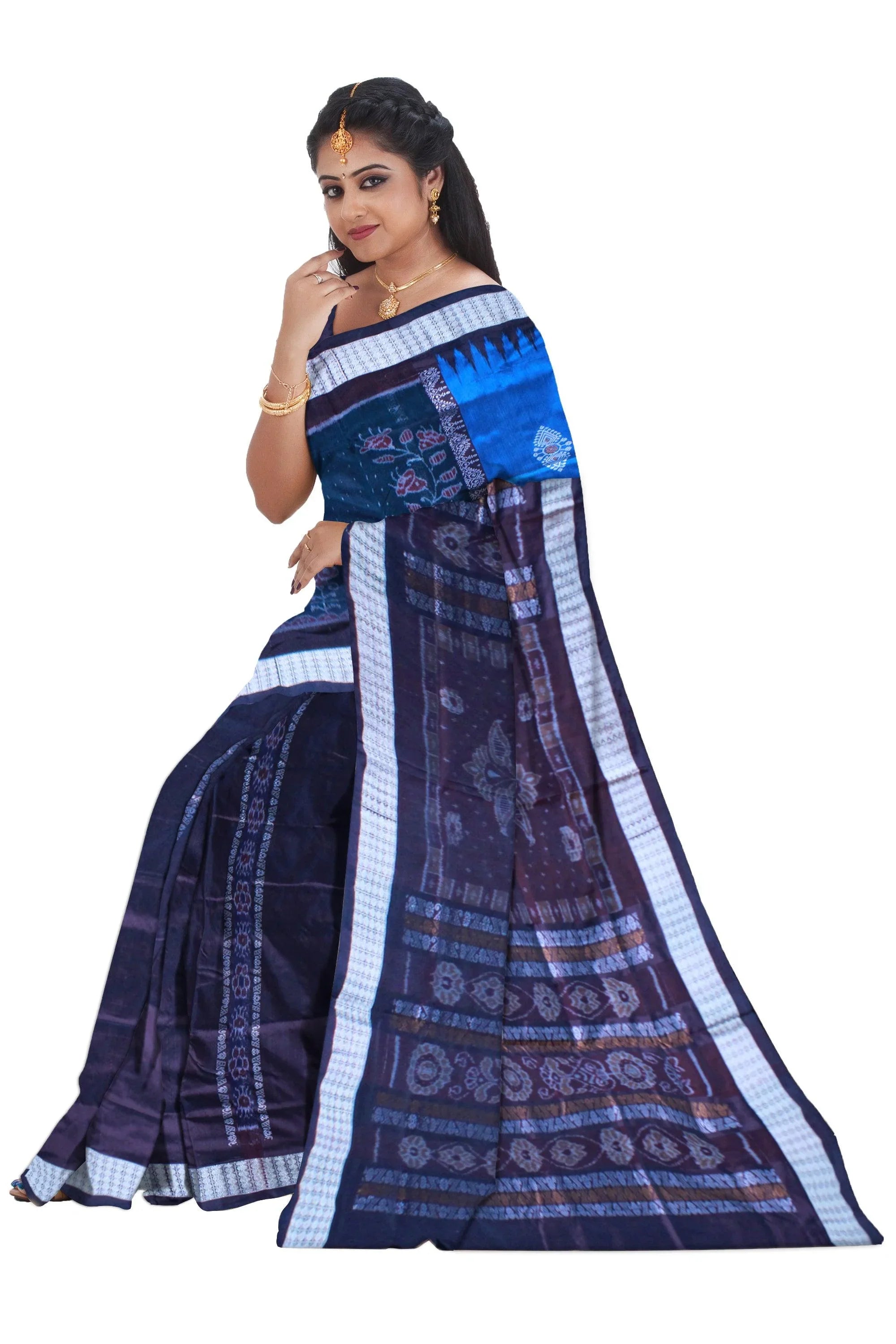 Patli Design Sambalpuri pata Saree in Blue & Black color body in Bomkei Pattern & Flower Design(with Blouse Piece) - Koshali Arts & Crafts Enterprise