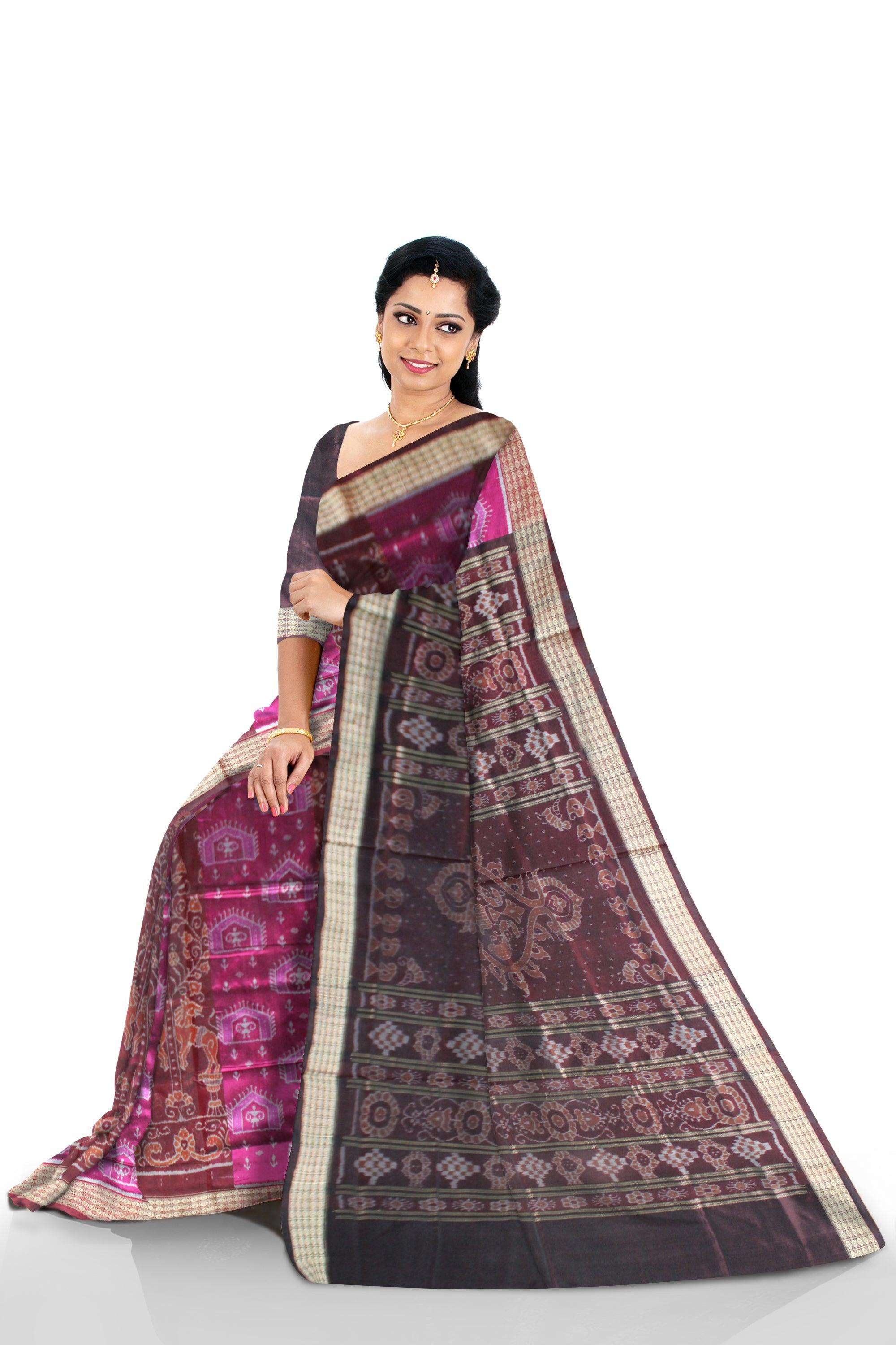 Tribal Art design Pink and  Brown  Color Sambalpuri Pata Saree - Koshali Arts & Crafts Enterprise