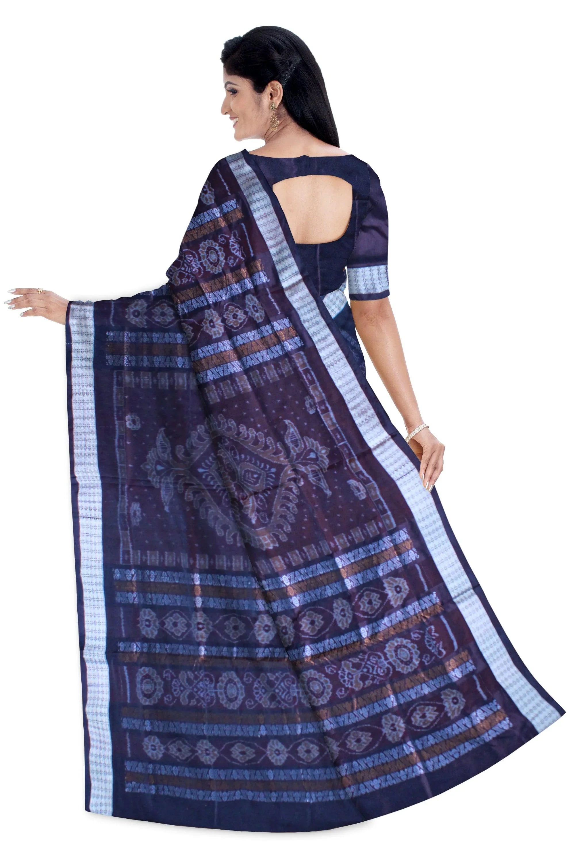 Patli Design Sambalpuri pata Saree in Blue & Black color body in Bomkei Pattern & Flower Design(with Blouse Piece) - Koshali Arts & Crafts Enterprise
