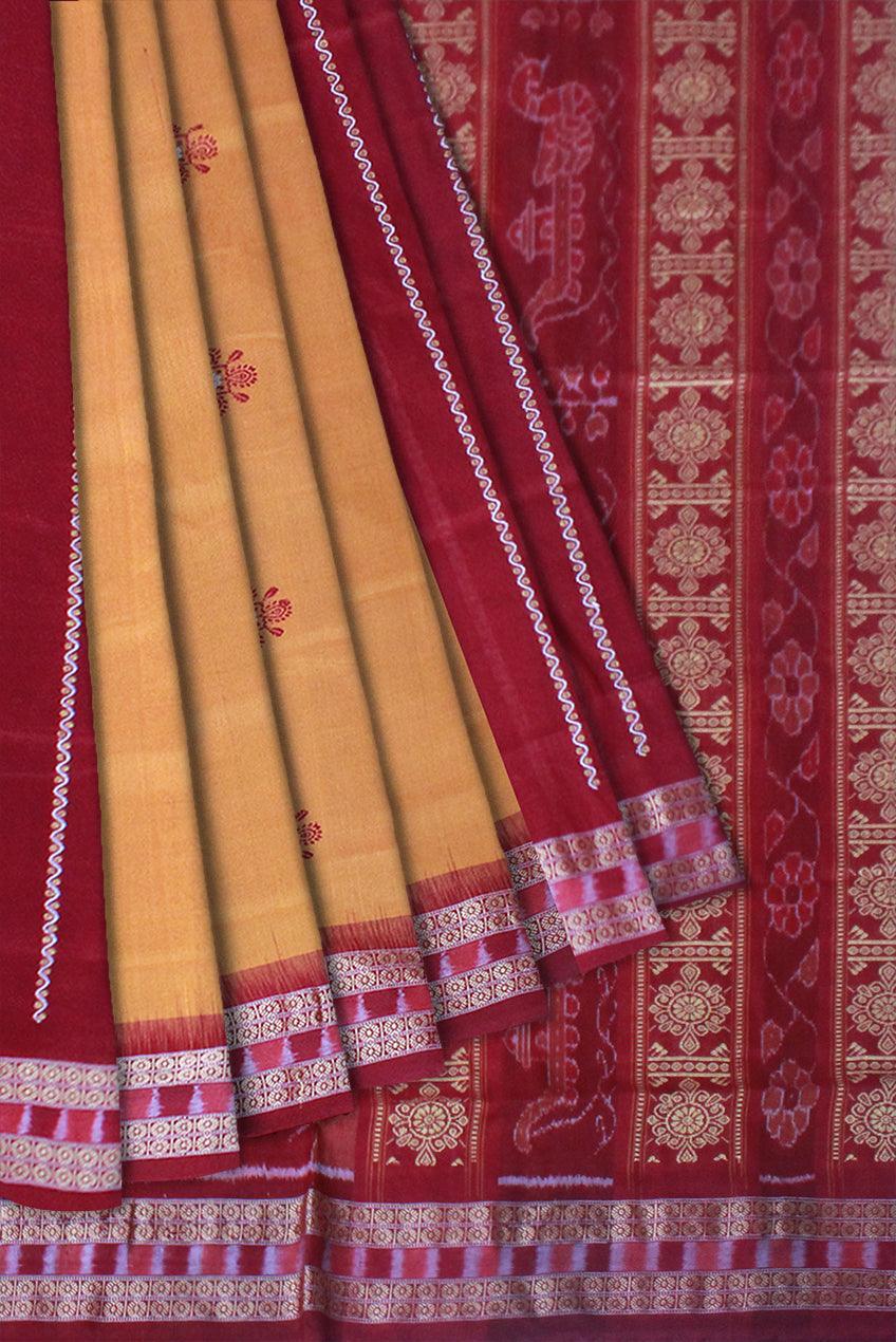 Exclusive Sonepur Cotton Saree in Blue, Yellow & Maroon color body in Bomkei Pattern & Patli Design(with Blouse Piece) - Koshali Arts & Crafts Enterprise