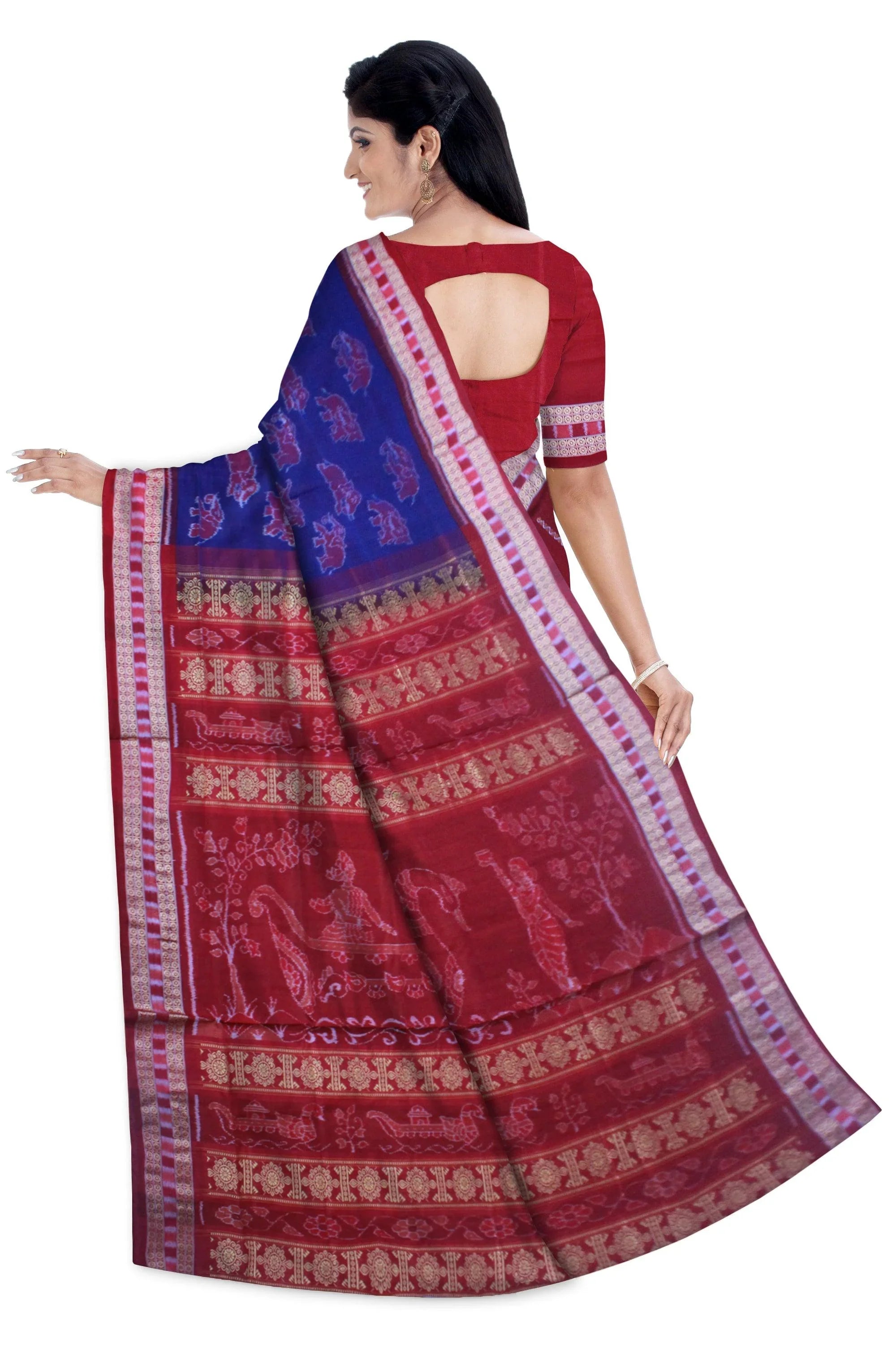 Exclusive Sonepur Cotton Saree in Blue, Yellow & Maroon color body in Bomkei Pattern & Patli Design(with Blouse Piece) - Koshali Arts & Crafts Enterprise