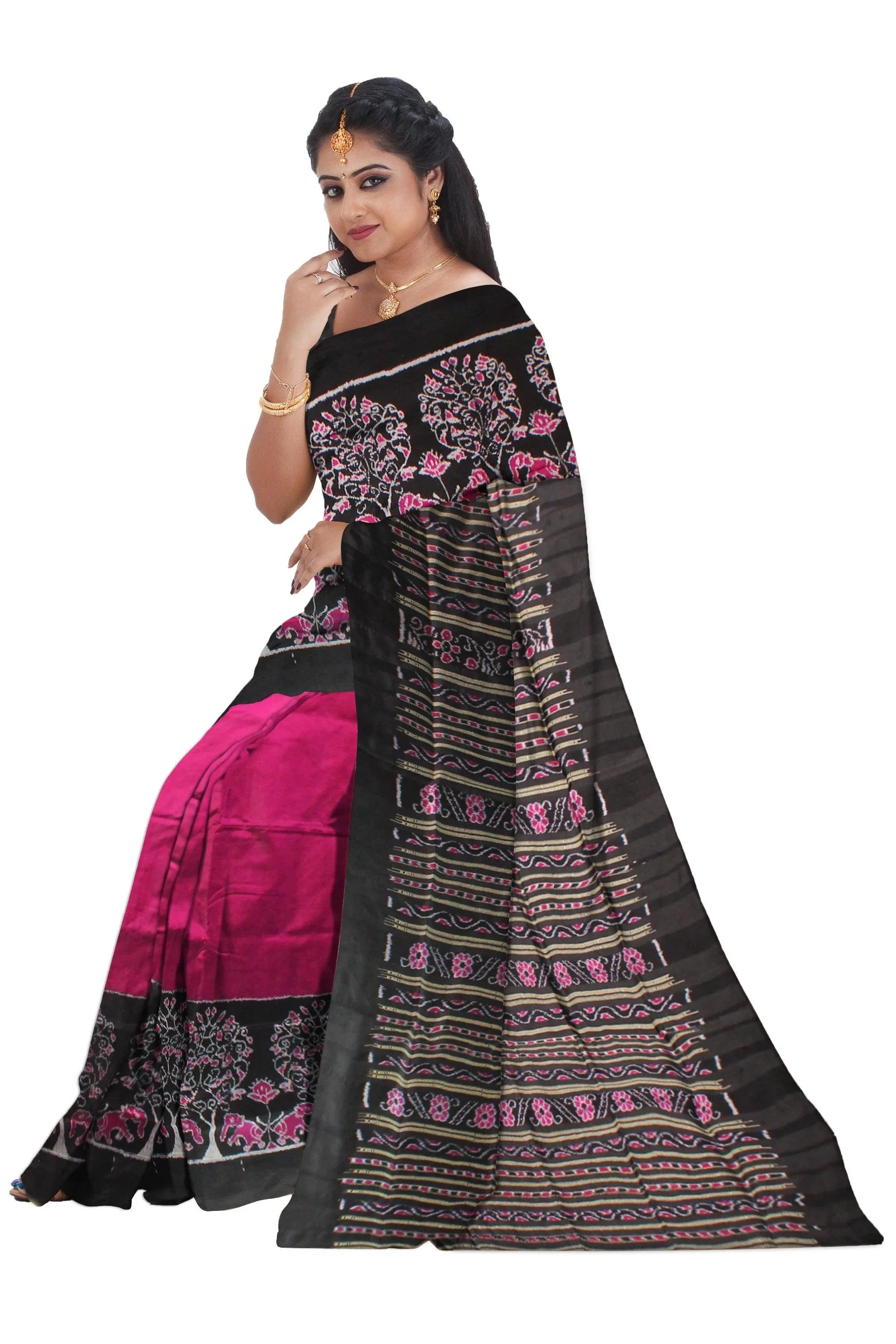 Latest Design Pink Color Sambalpuri Pata saree,Tree and Elephant Design in the Border - Koshali Arts & Crafts Enterprise