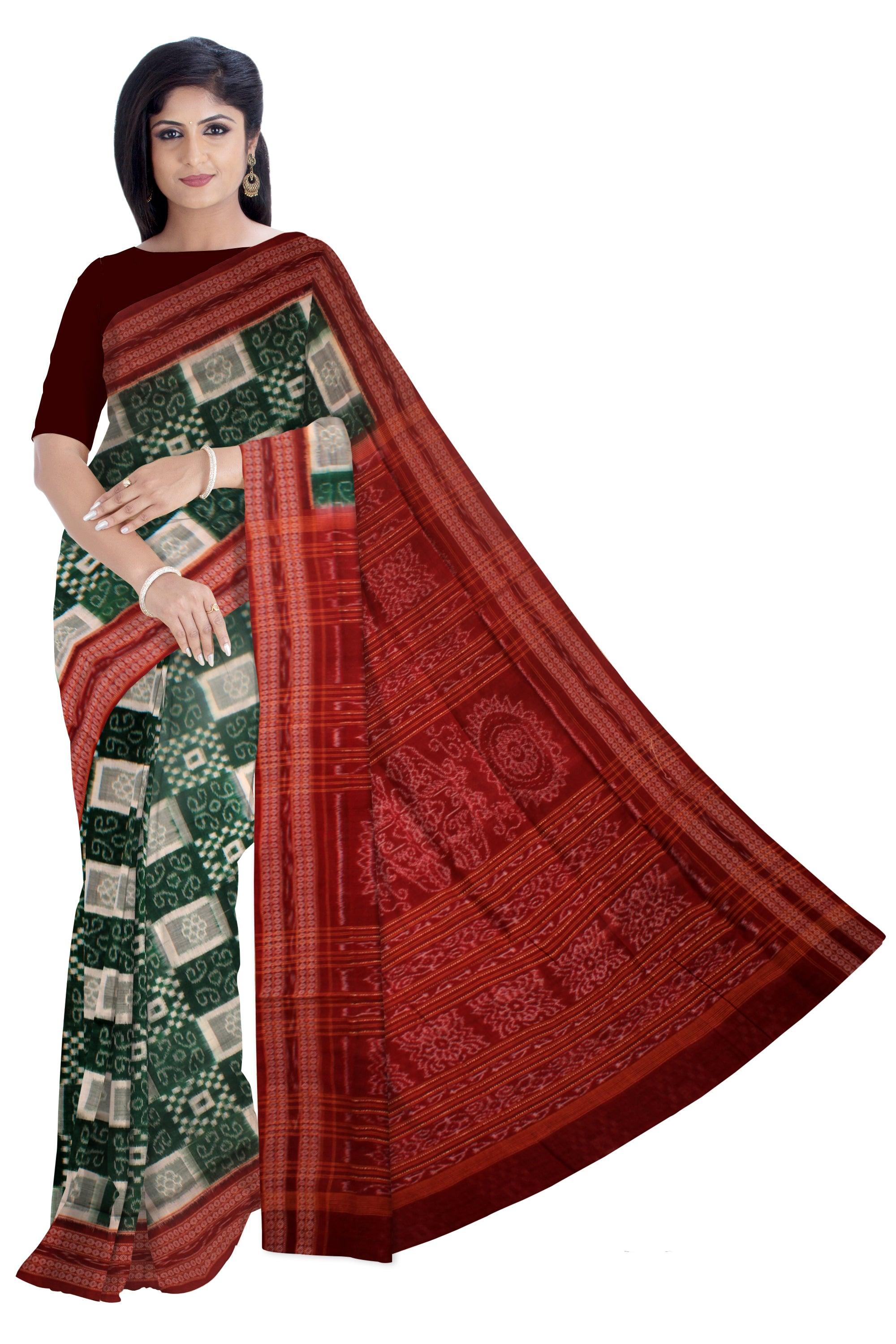 PERSIAN GREEN, WHITE AND MAROON COLOR SONEPUR COTTON SAREE, WITH OUT  BLOUSE  PIECE. - Koshali Arts & Crafts Enterprise