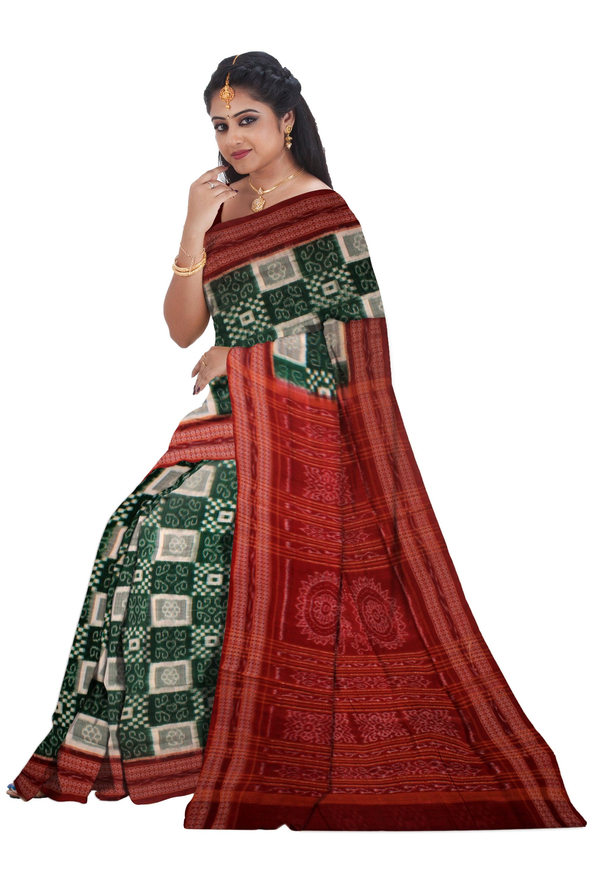 PERSIAN GREEN, WHITE AND MAROON COLOR SONEPUR COTTON SAREE, WITH OUT  BLOUSE  PIECE. - Koshali Arts & Crafts Enterprise
