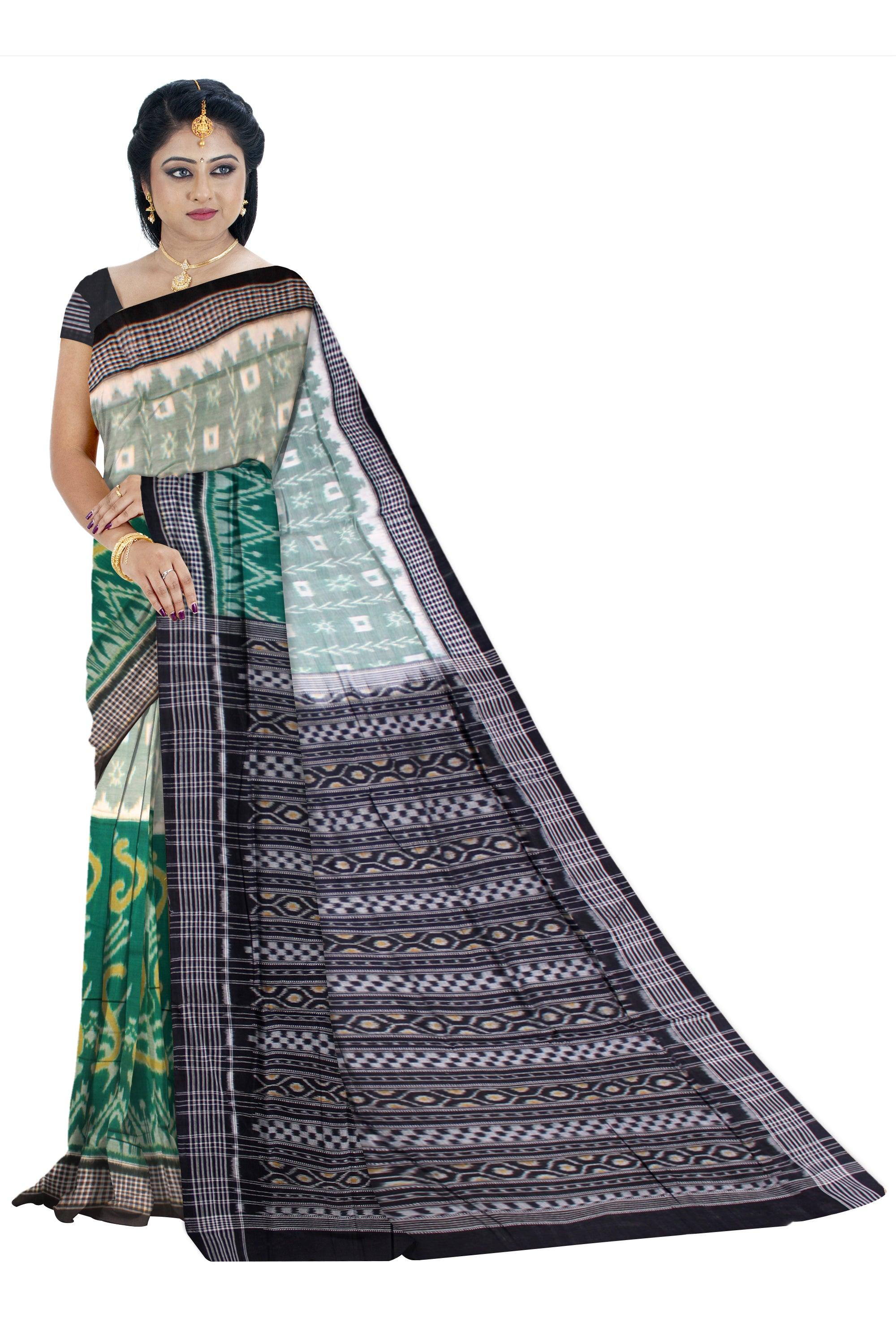 Grey and dark green color sonepur cotton saree, with blouse piece. - Koshali Arts & Crafts Enterprise