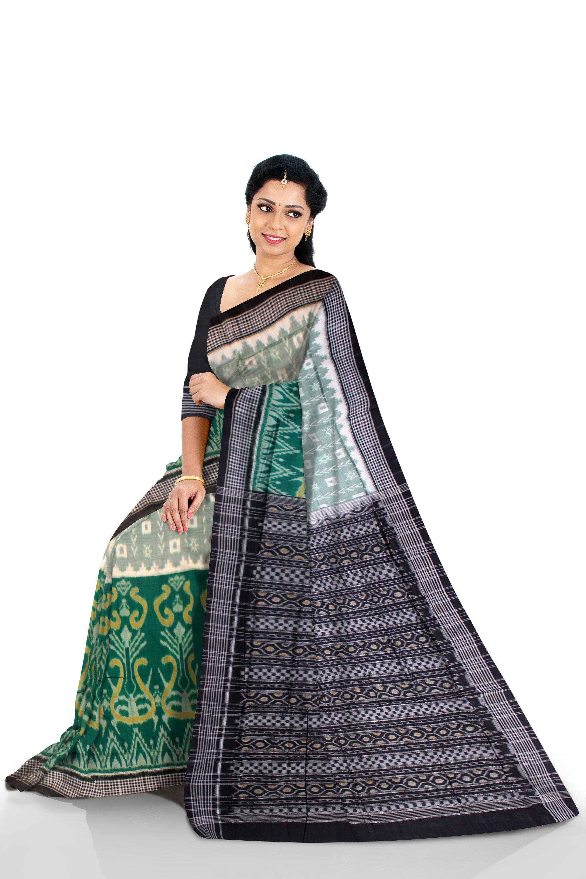 Grey and dark green color sonepur cotton saree, with blouse piece. - Koshali Arts & Crafts Enterprise