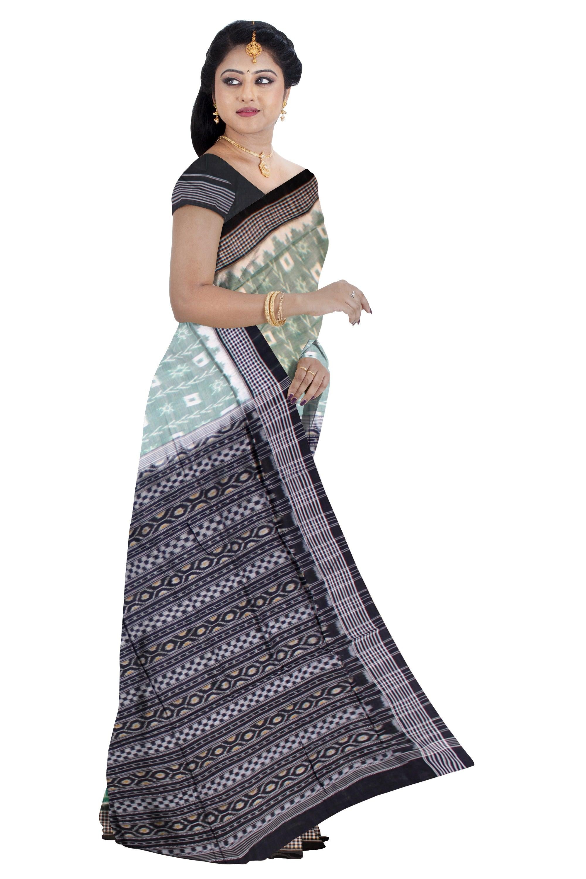 Grey and dark green color sonepur cotton saree, with blouse piece. - Koshali Arts & Crafts Enterprise
