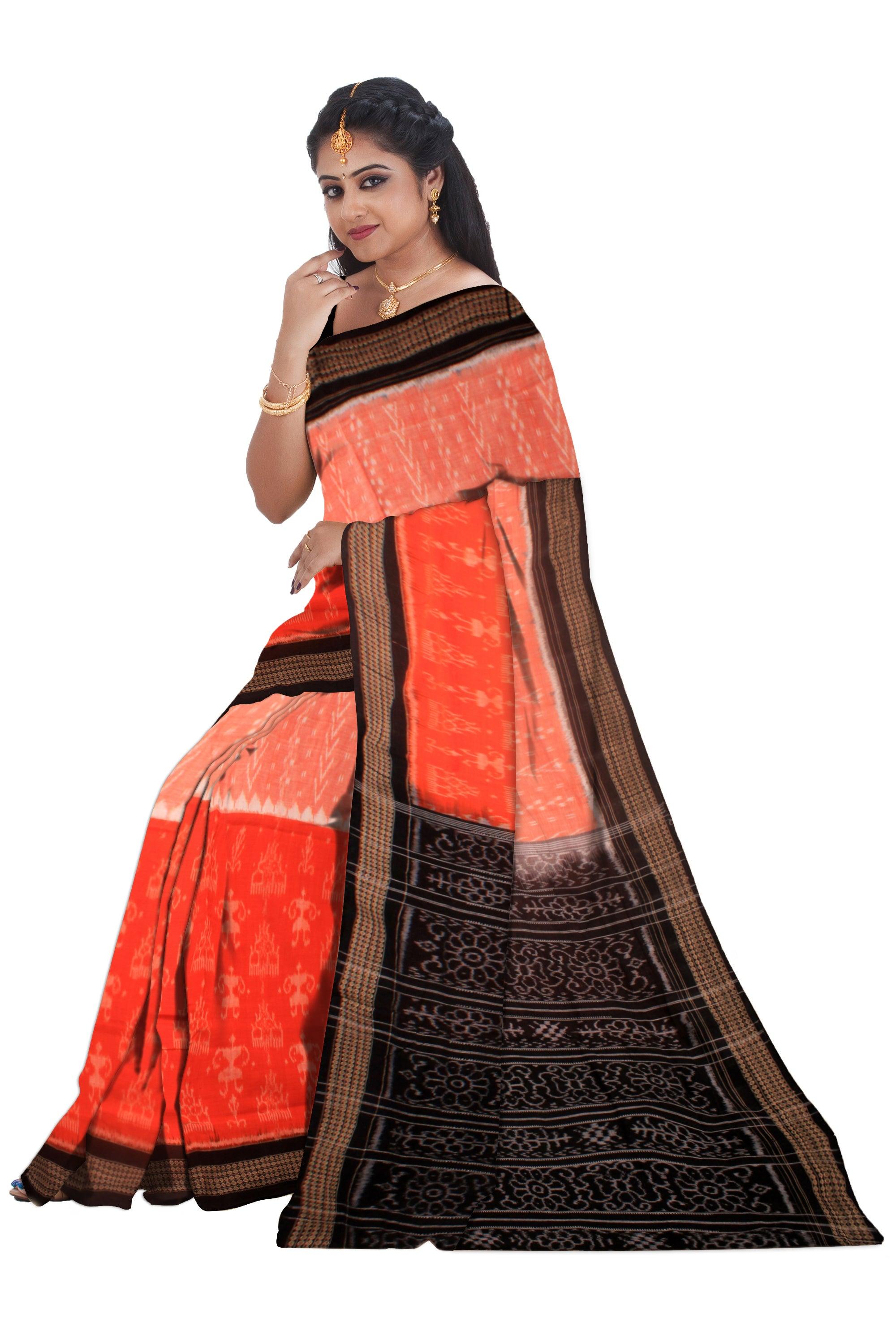 SONEPUR PURE COTTON SAREE IN ORANGE, TERRACOTTA AND BLACK COLOR, WITH OUT BLOUSE PIECE. - Koshali Arts & Crafts Enterprise