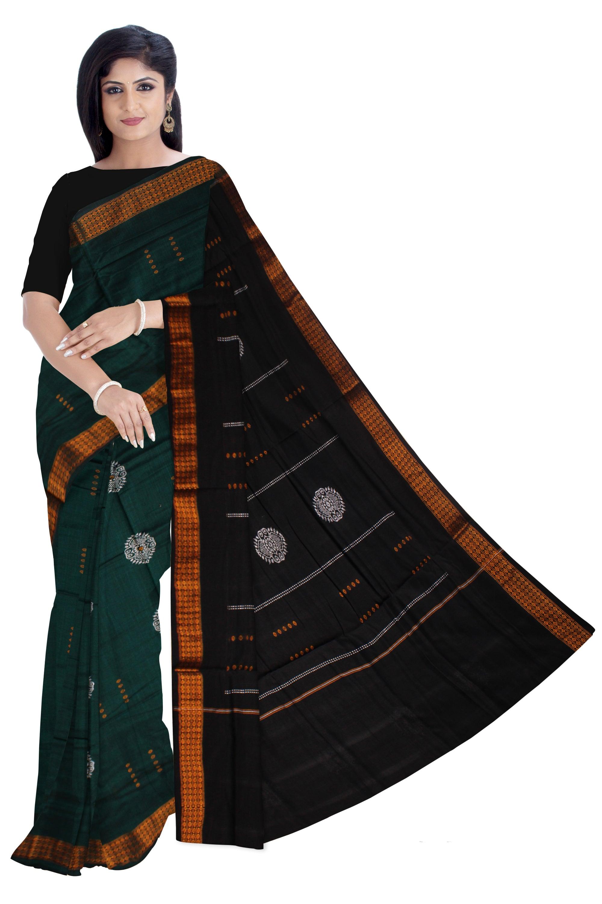 BOMKEI PATTERN DARK GREEN COTTON SAREE , WITH  OUT BLOUSE PIECE. - Koshali Arts & Crafts Enterprise