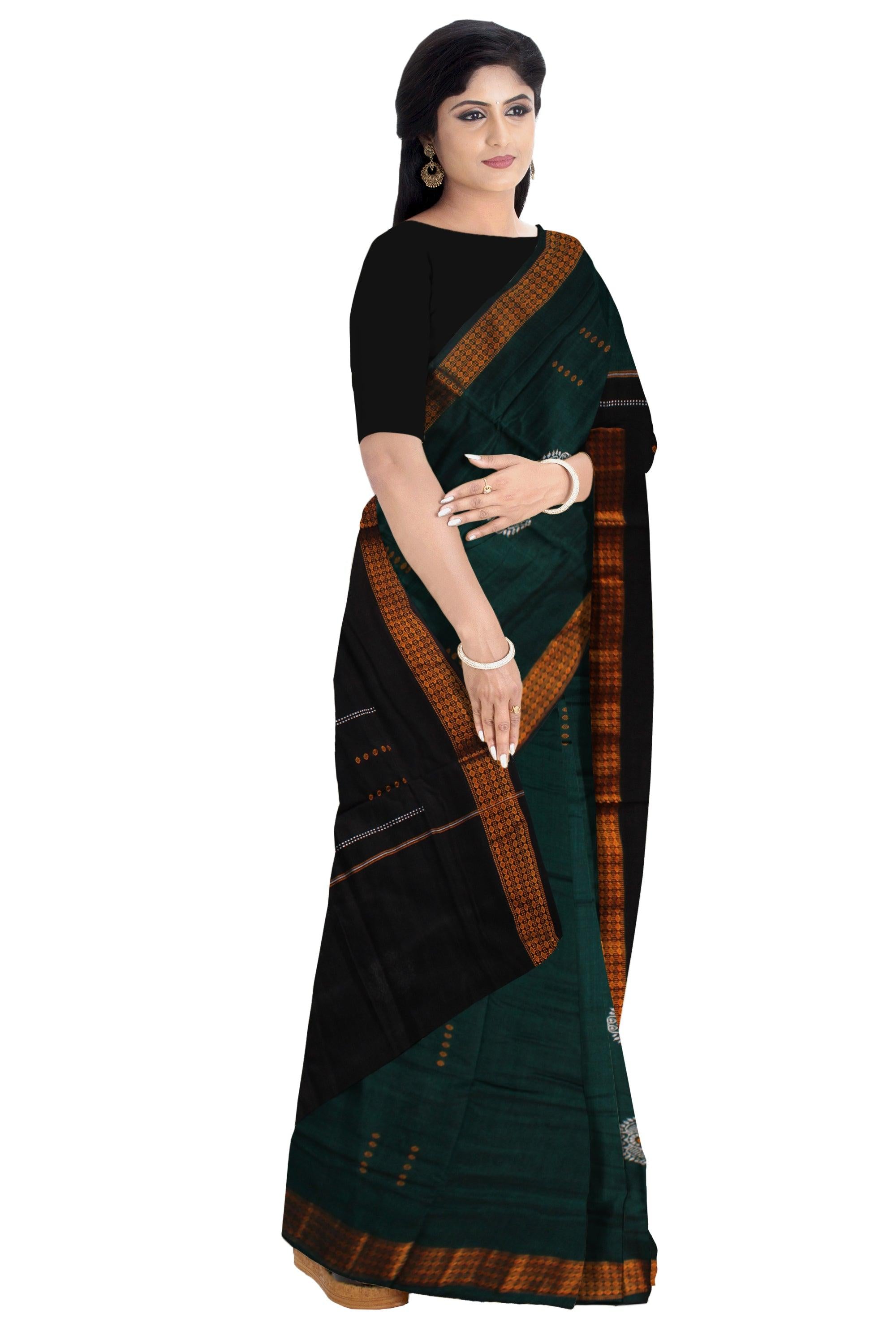 BOMKEI PATTERN DARK GREEN COTTON SAREE , WITH  OUT BLOUSE PIECE. - Koshali Arts & Crafts Enterprise