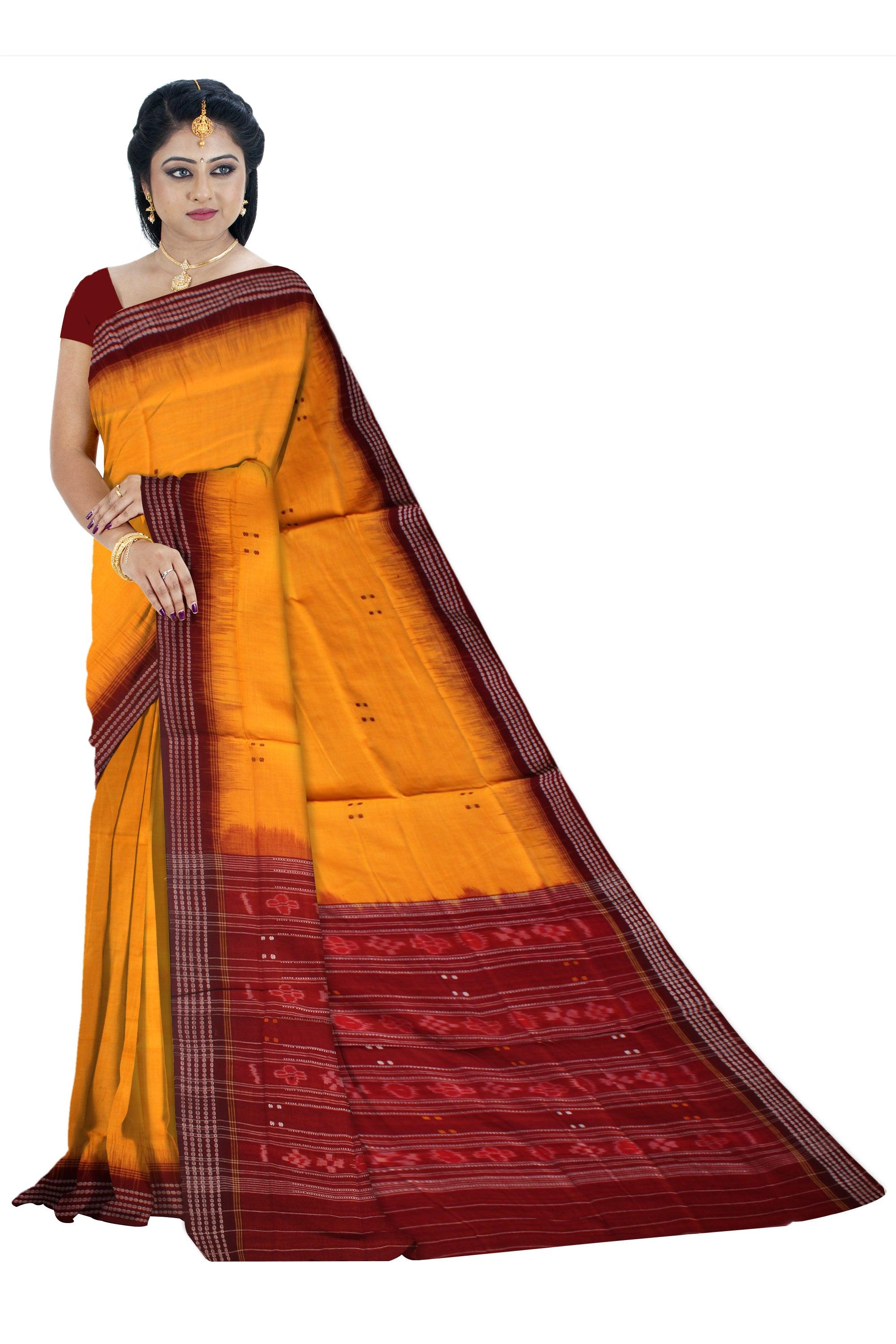 BOOTY PATTERN YELLOW AND MAROON COLOR SAMBALPURI COTTON SAREE, WITHOUT BLOUSE PIECE. - Koshali Arts & Crafts Enterprise