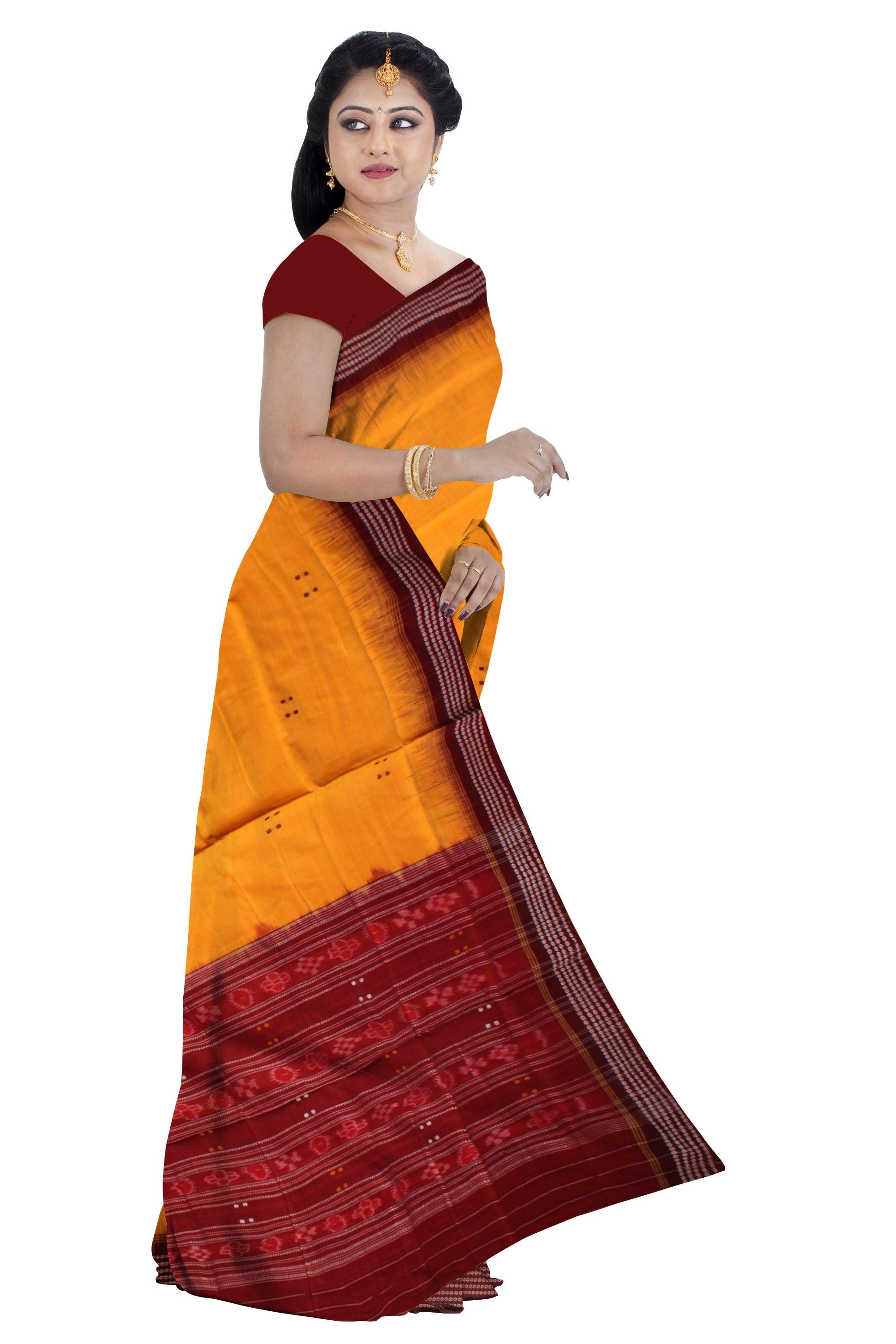 BOOTY PATTERN YELLOW AND MAROON COLOR SAMBALPURI COTTON SAREE, WITHOUT BLOUSE PIECE. - Koshali Arts & Crafts Enterprise