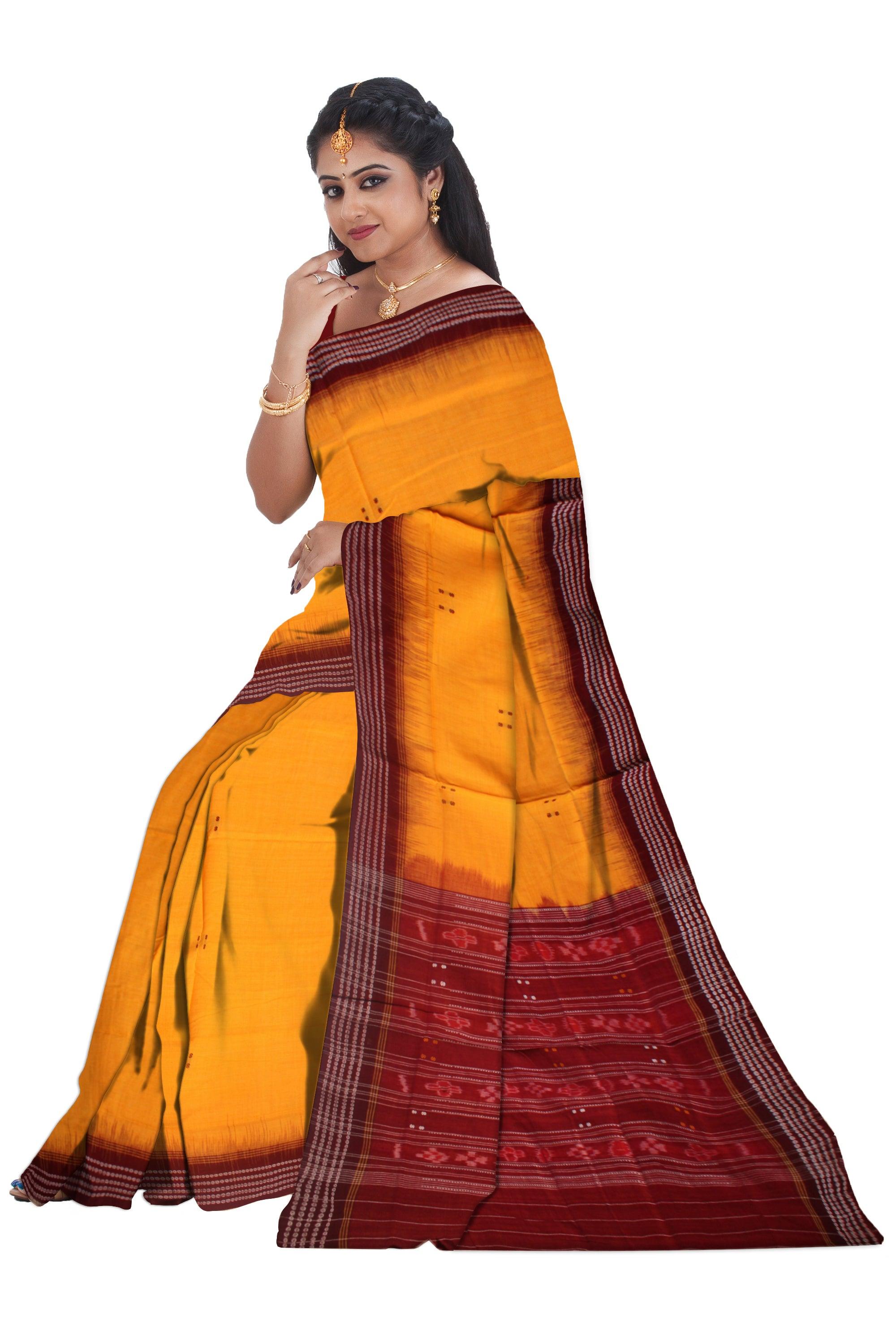 BOOTY PATTERN YELLOW AND MAROON COLOR SAMBALPURI COTTON SAREE, WITHOUT BLOUSE PIECE. - Koshali Arts & Crafts Enterprise