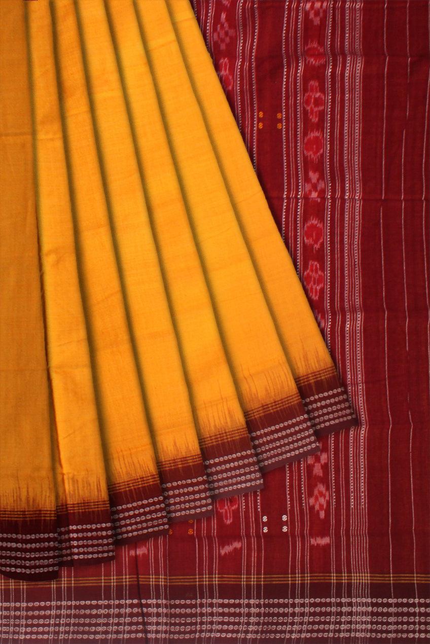 BOOTY PATTERN YELLOW AND MAROON COLOR SAMBALPURI COTTON SAREE, WITHOUT BLOUSE PIECE. - Koshali Arts & Crafts Enterprise