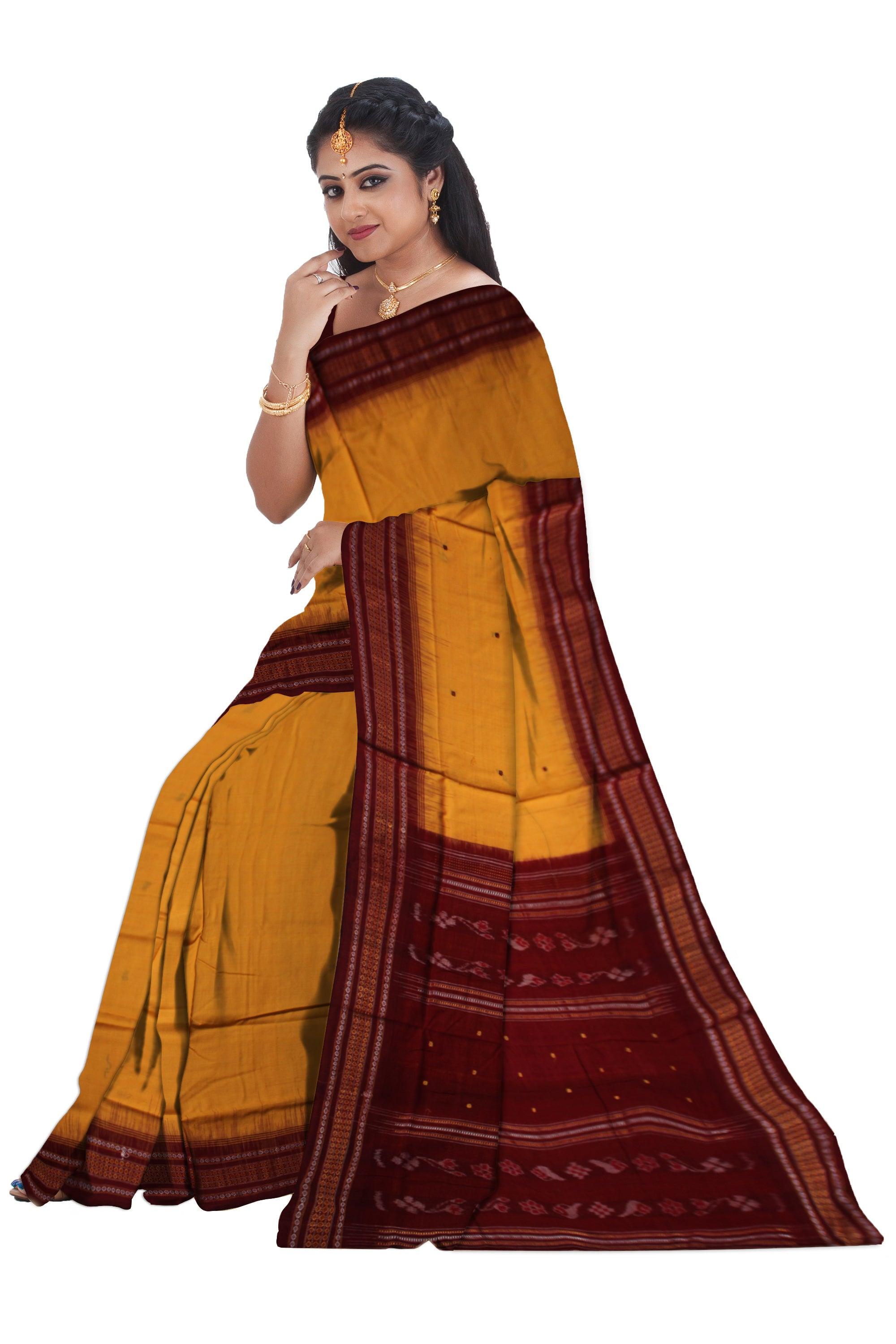 YELLOW AND MAROON COLOR BOOTY PATTERN COTTON SAREE, WITH OUT BLOUSE PIECE. - Koshali Arts & Crafts Enterprise