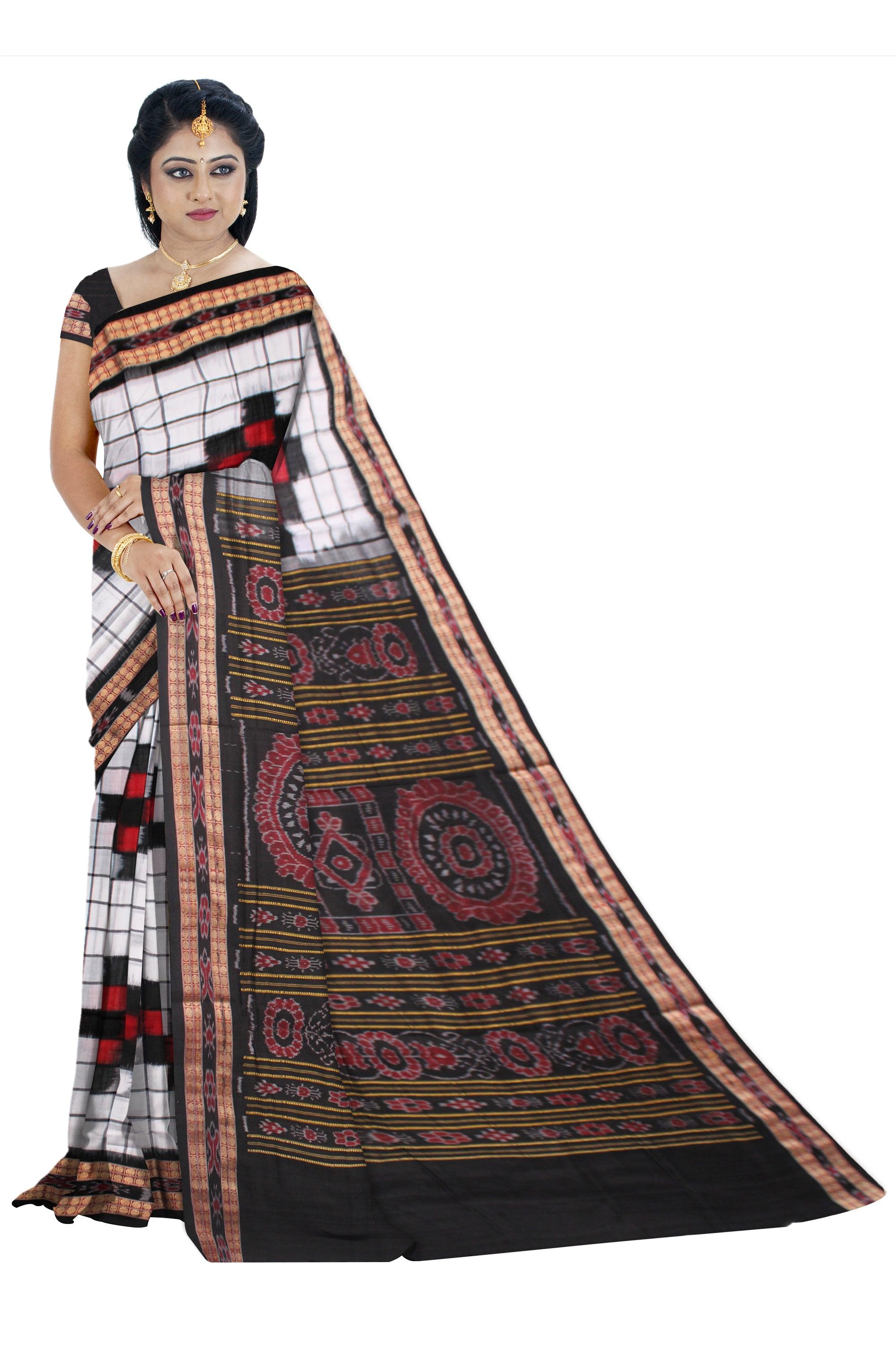 LATEST BIG PASAPALI PATTERN COTTON SAREE IS WHITE WITH BLACK AND RED COLOR BASE, ATTACHED WITH BLOUSE PIECE. - Koshali Arts & Crafts Enterprise