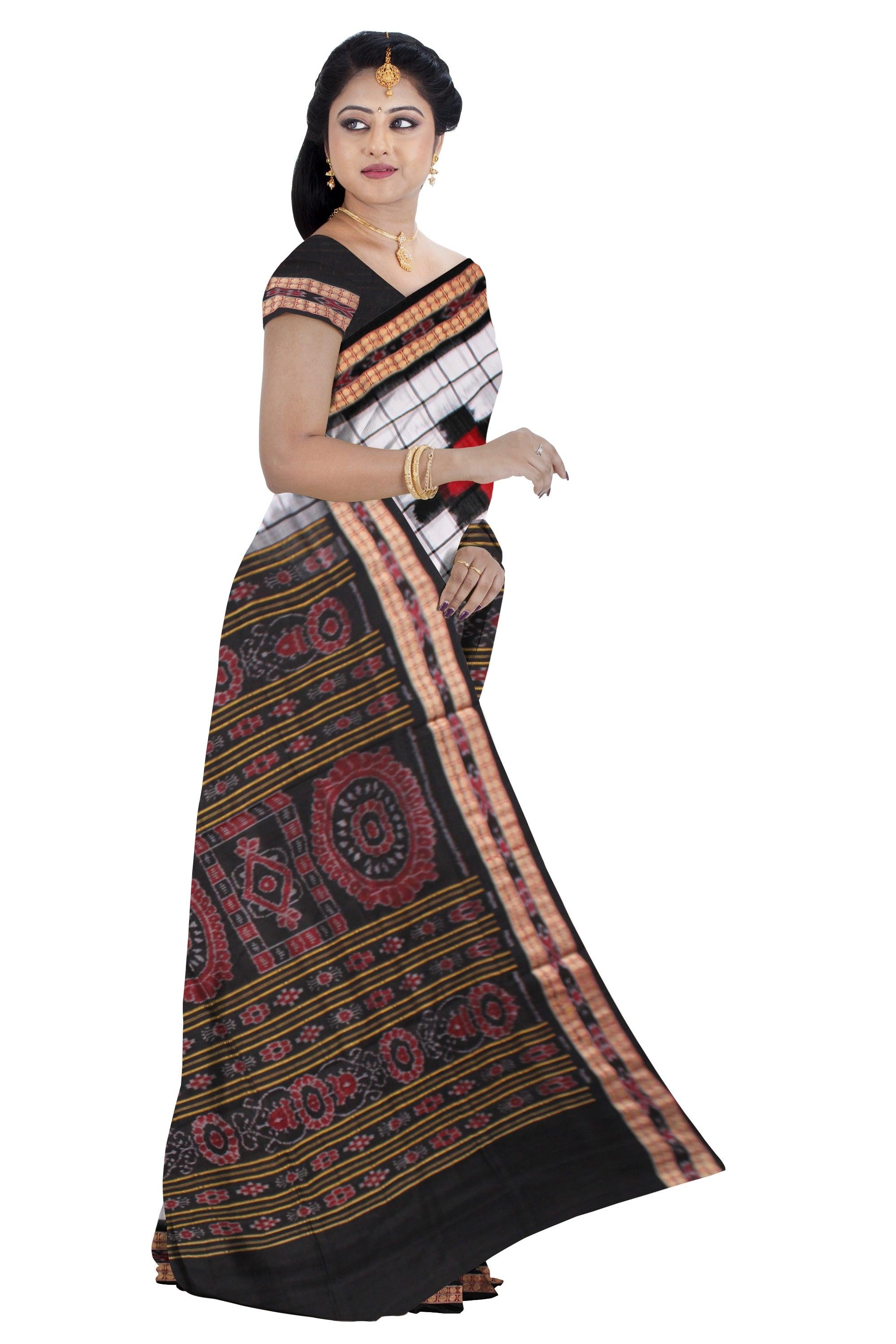 LATEST BIG PASAPALI PATTERN COTTON SAREE IS WHITE WITH BLACK AND RED COLOR BASE, ATTACHED WITH BLOUSE PIECE. - Koshali Arts & Crafts Enterprise