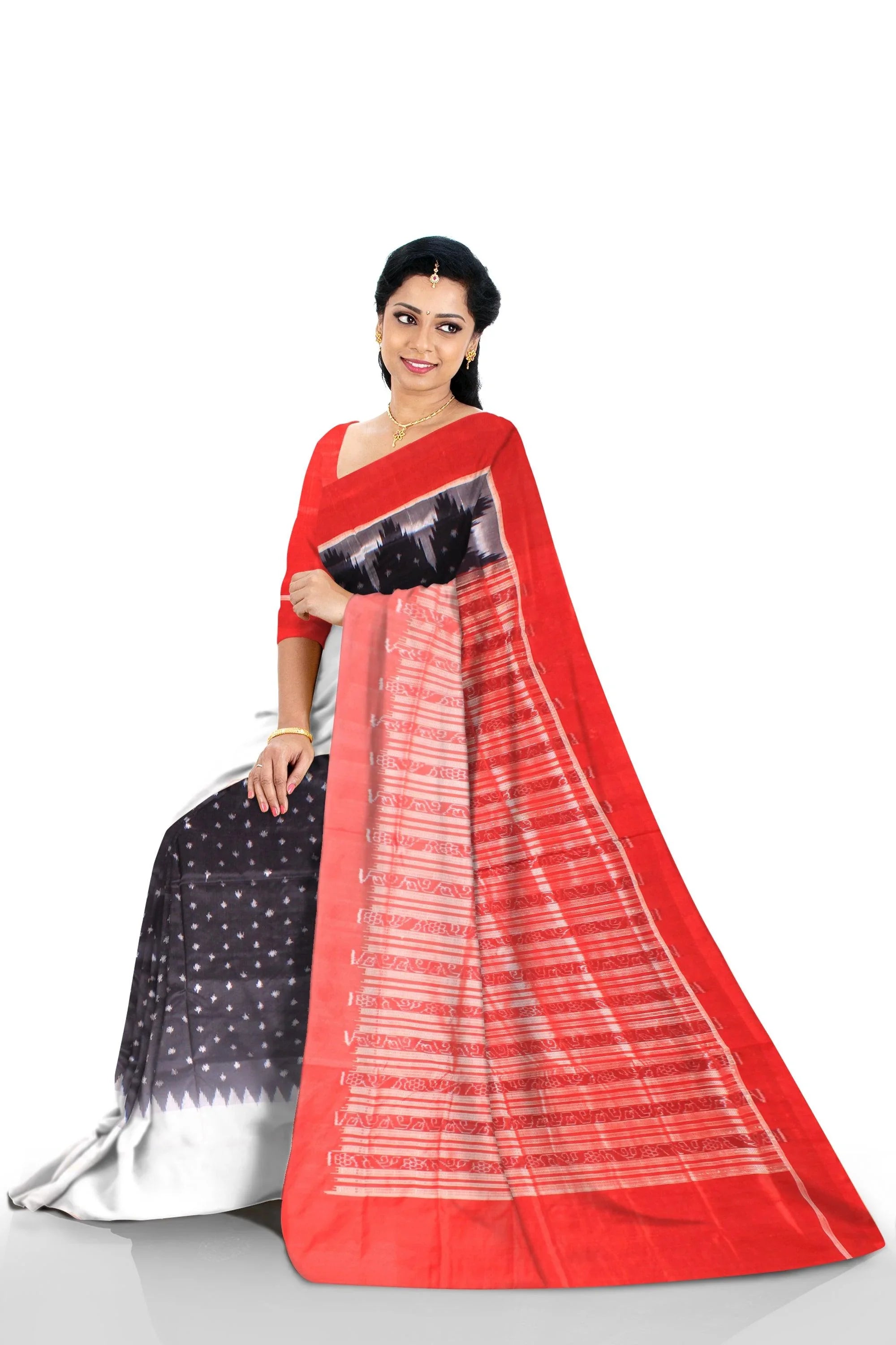 A Sambalpuri Pata saree in Black colour plain design border,available with blous piece. - Koshali Arts & Crafts Enterprise