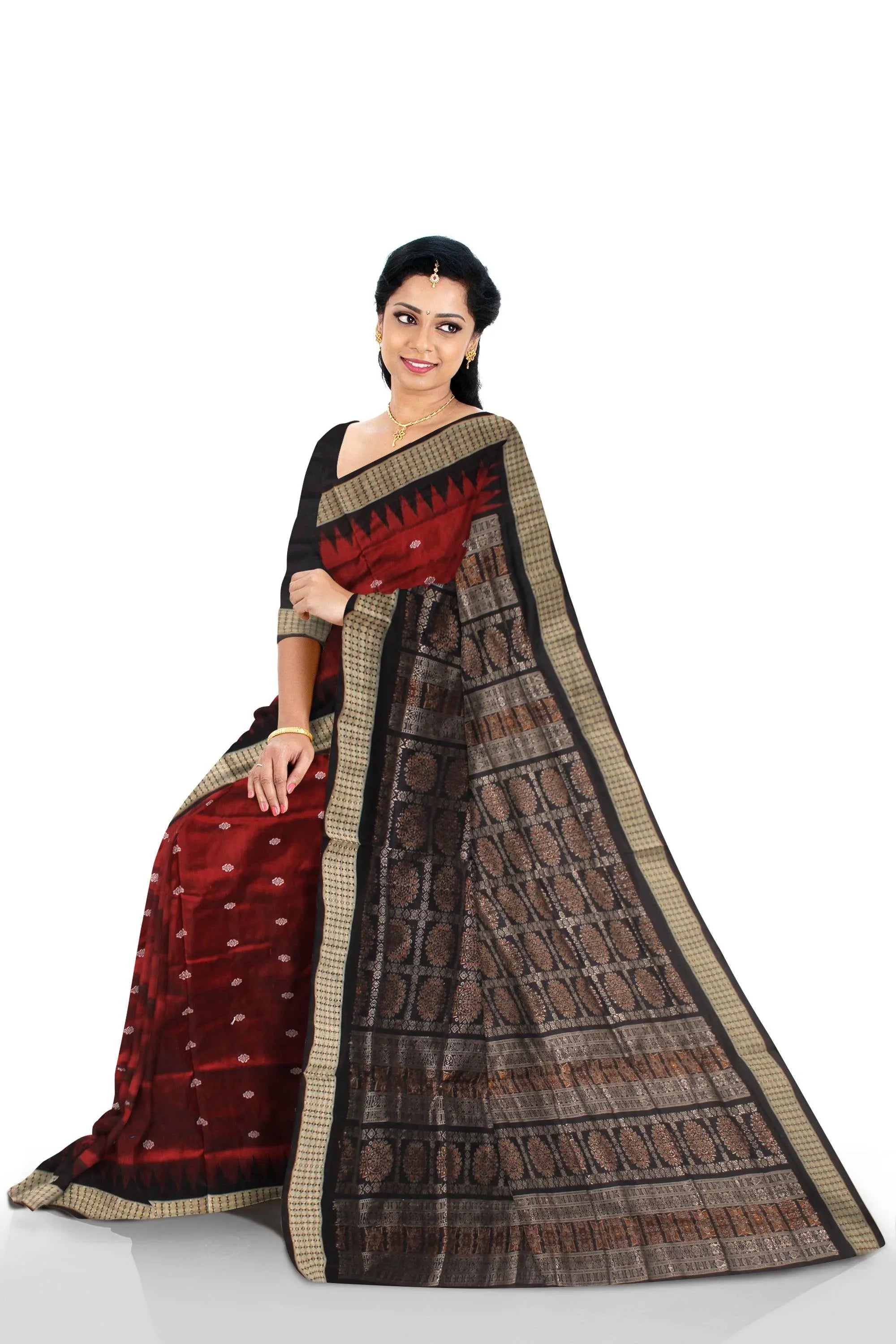 Cofee color flora print pure pata saree with blouse piece - Koshali Arts & Crafts Enterprise