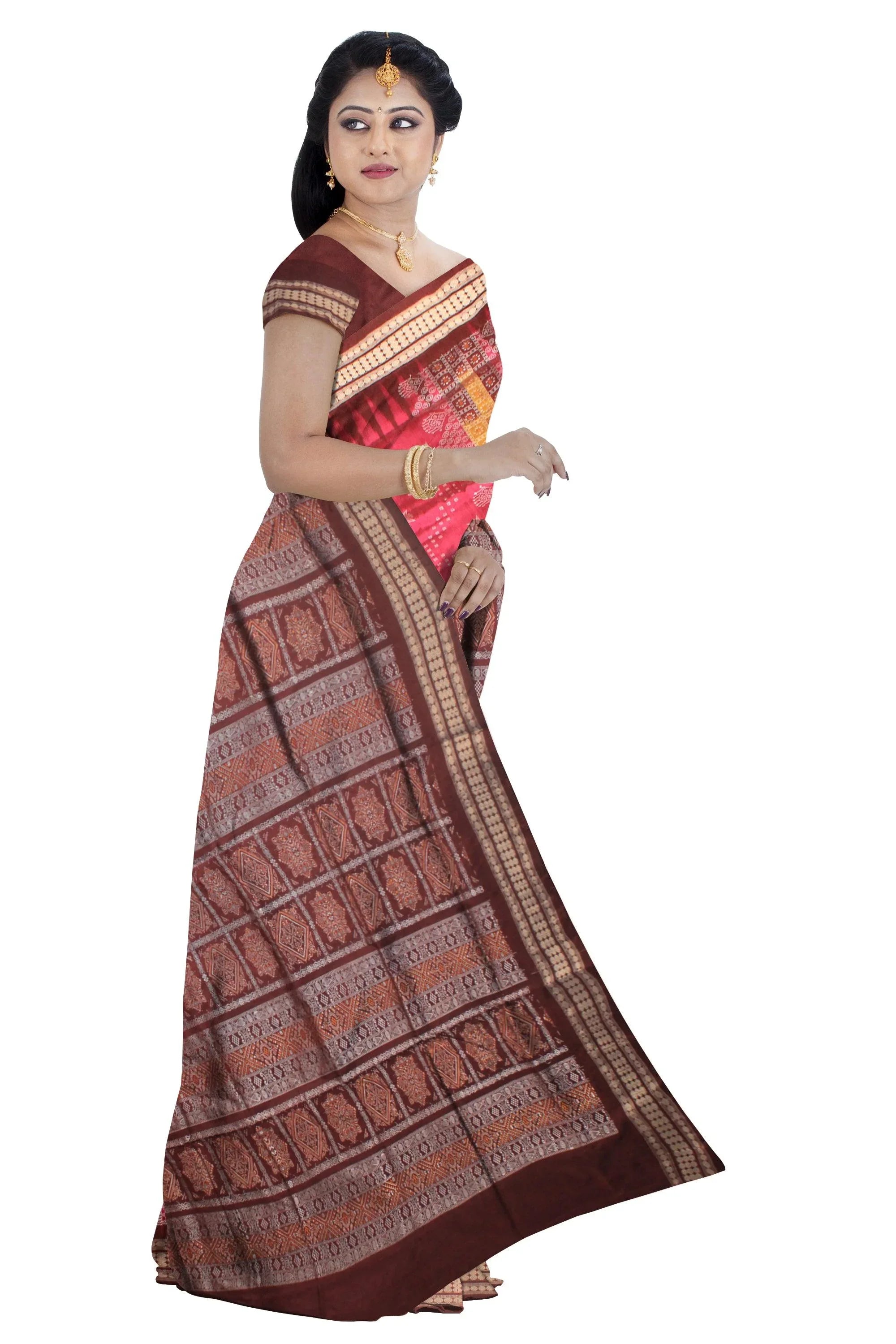 BOMKEI PATA SAREE IN DESIGN DEEP CORAL AND BROWN COLOR SAREE. - Koshali Arts & Crafts Enterprise