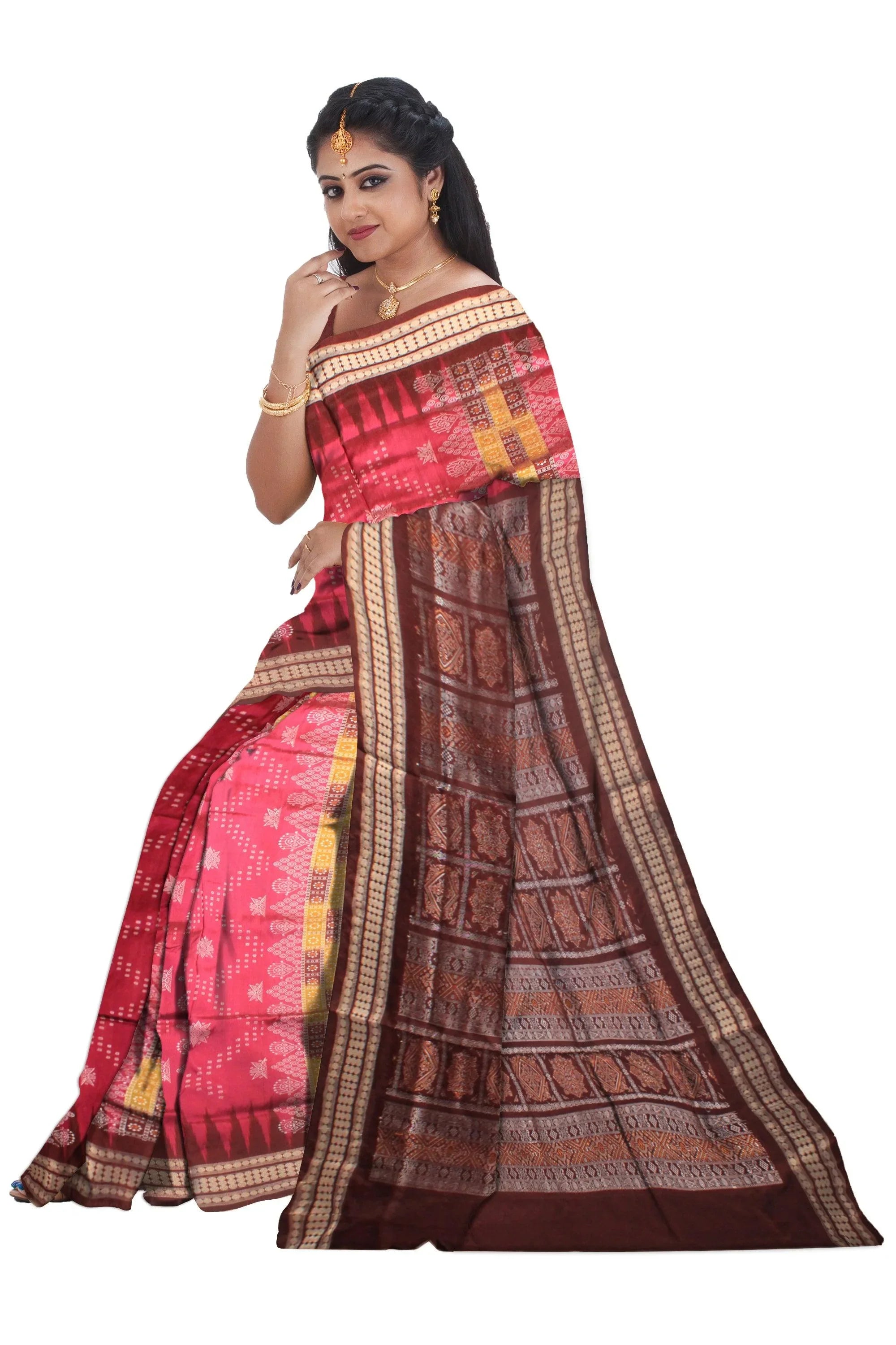 BOMKEI PATA SAREE IN DESIGN DEEP CORAL AND BROWN COLOR SAREE. - Koshali Arts & Crafts Enterprise