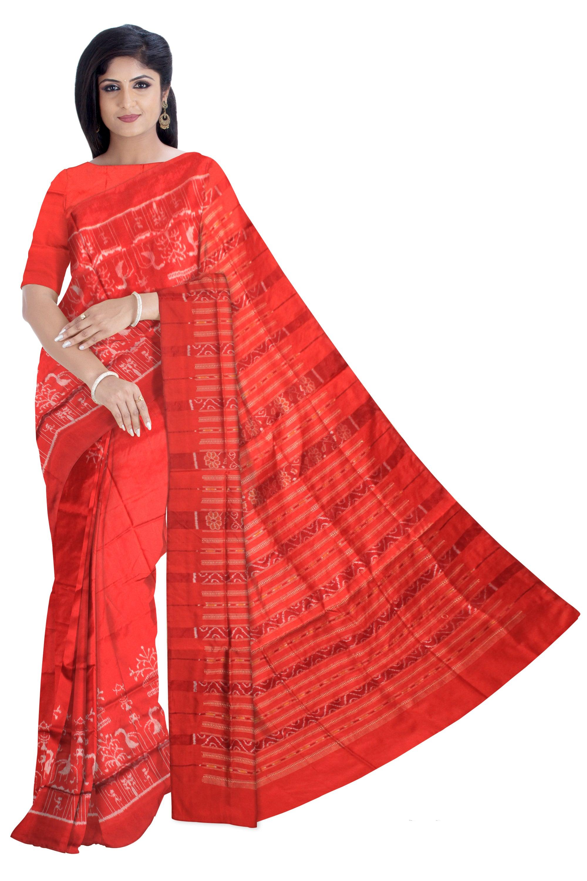 RED COLOR SAMBALPURI PATA TERRACOTTA AND TREE DESIGNE SAREE WITH BLOUSE PIECE. - Koshali Arts & Crafts Enterprise