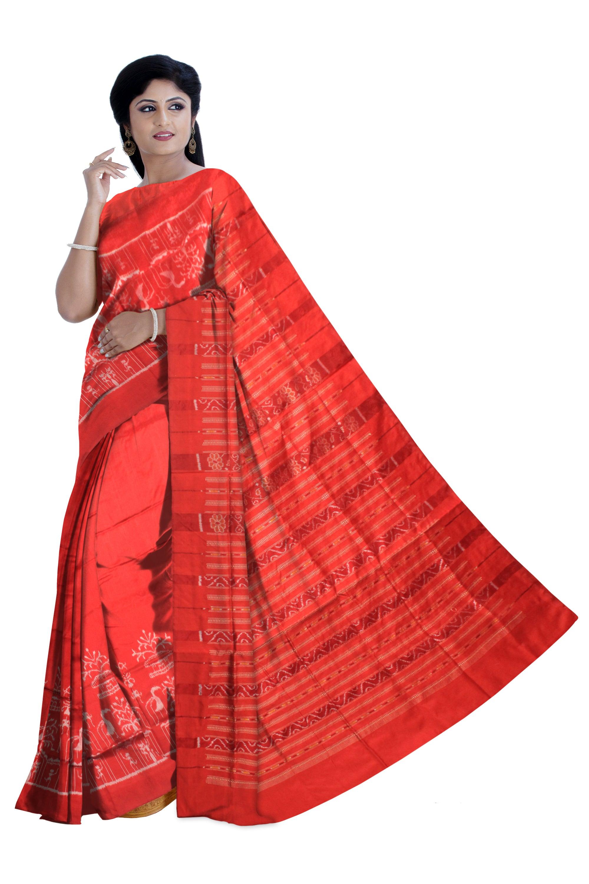 RED COLOR SAMBALPURI PATA TERRACOTTA AND TREE DESIGNE SAREE WITH BLOUSE PIECE. - Koshali Arts & Crafts Enterprise