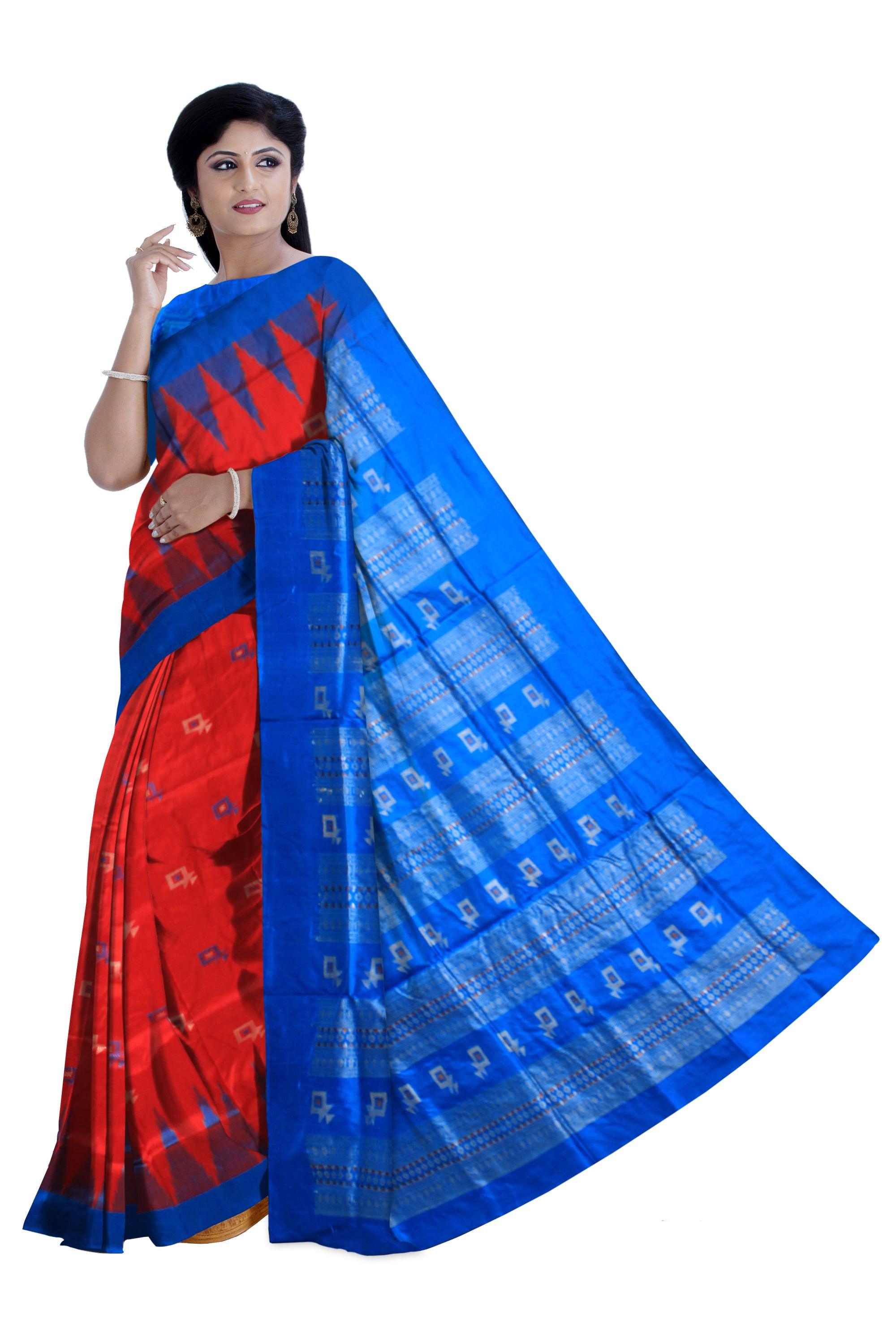 A Sambalpuri pata saree in Red and Blue color kite design with blouse piece. - Koshali Arts & Crafts Enterprise