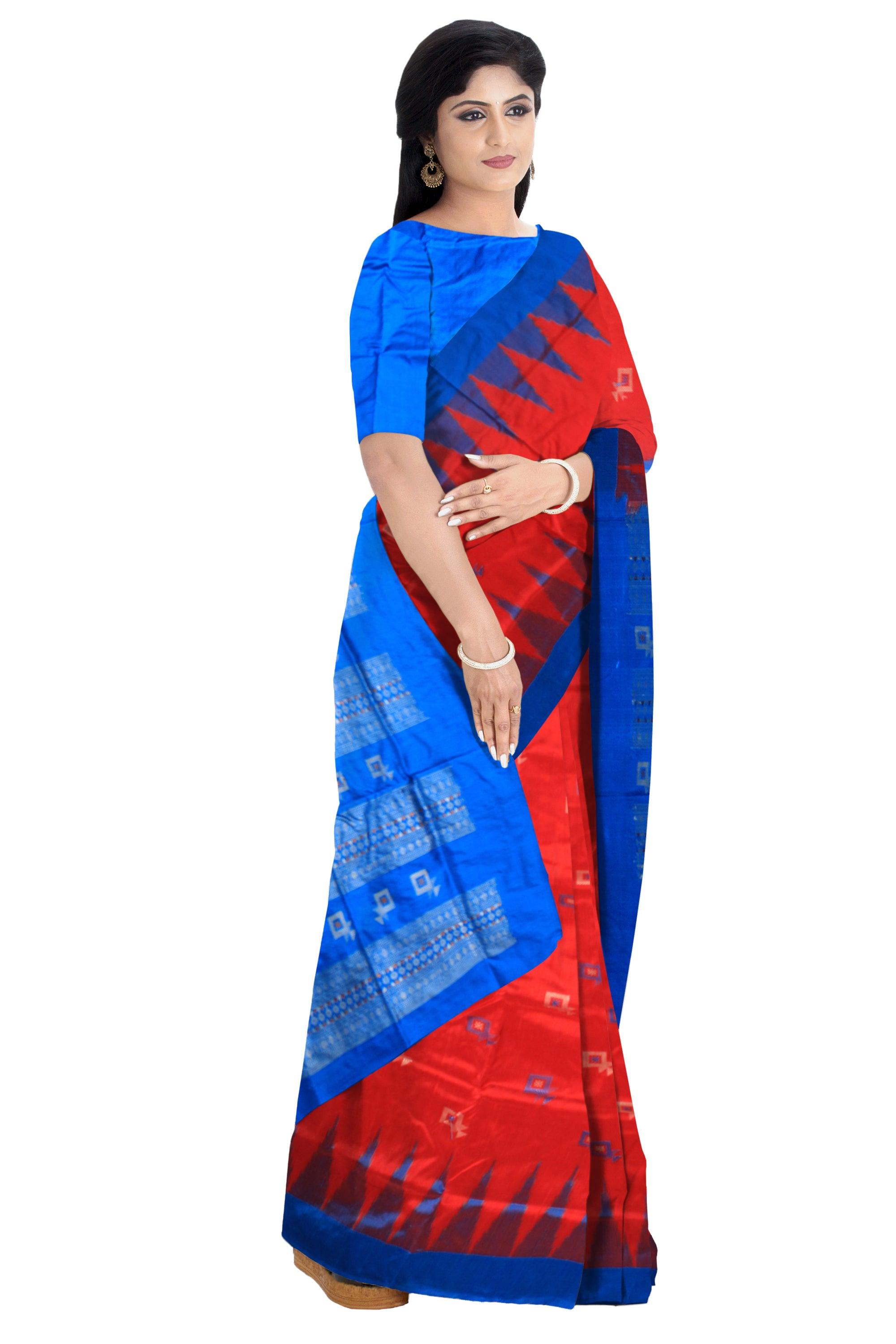A Sambalpuri pata saree in Red and Blue color kite design with blouse piece. - Koshali Arts & Crafts Enterprise