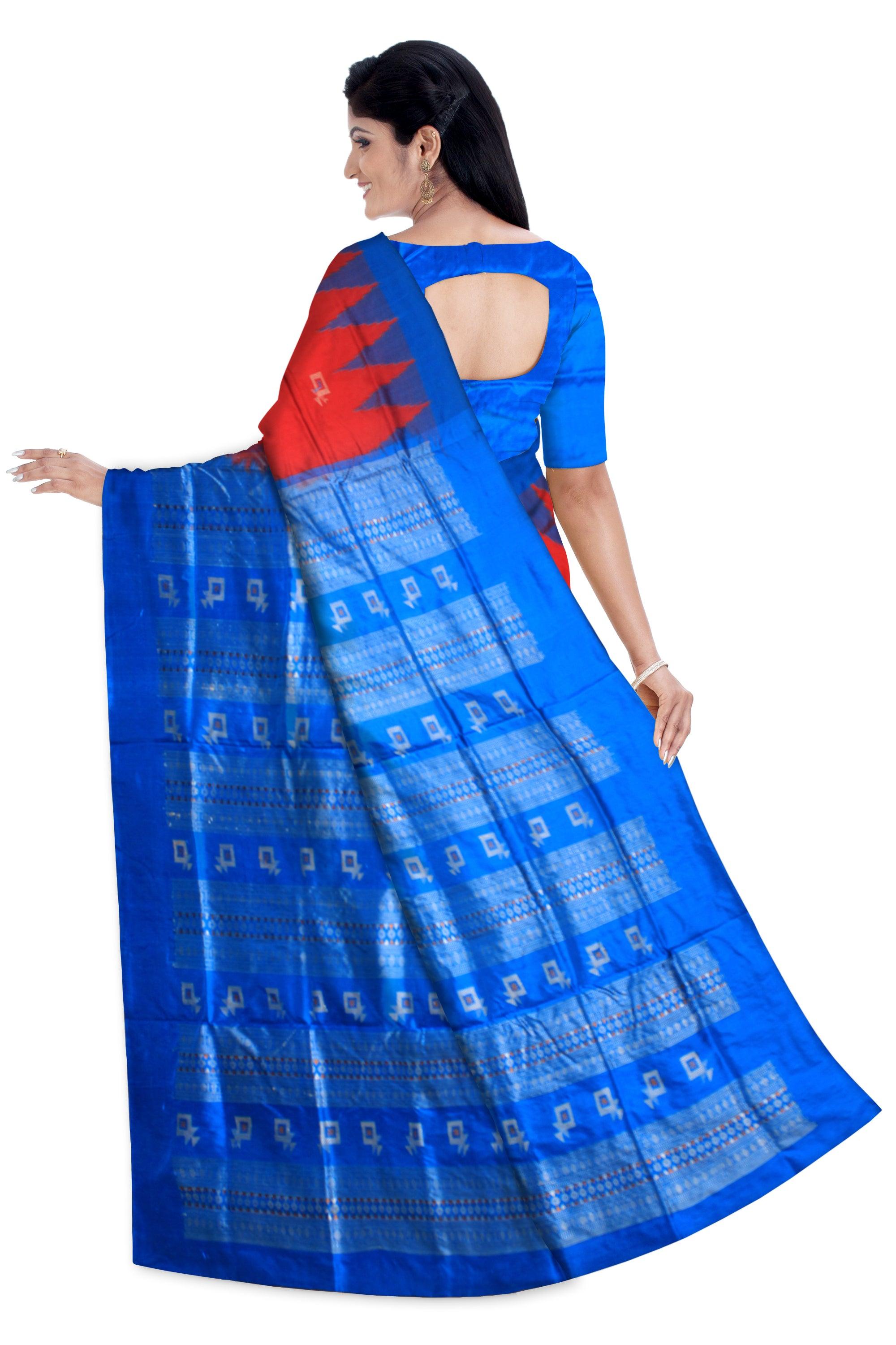 A Sambalpuri pata saree in Red and Blue color kite design with blouse piece. - Koshali Arts & Crafts Enterprise