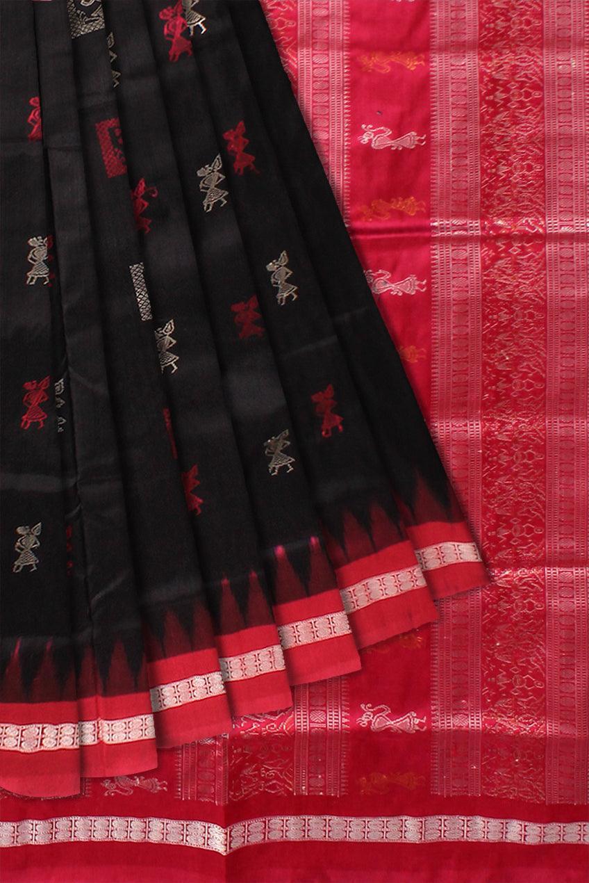 Black and Red color Bomkei Sambalpuri pata saree with blouse piece. - Koshali Arts & Crafts Enterprise
