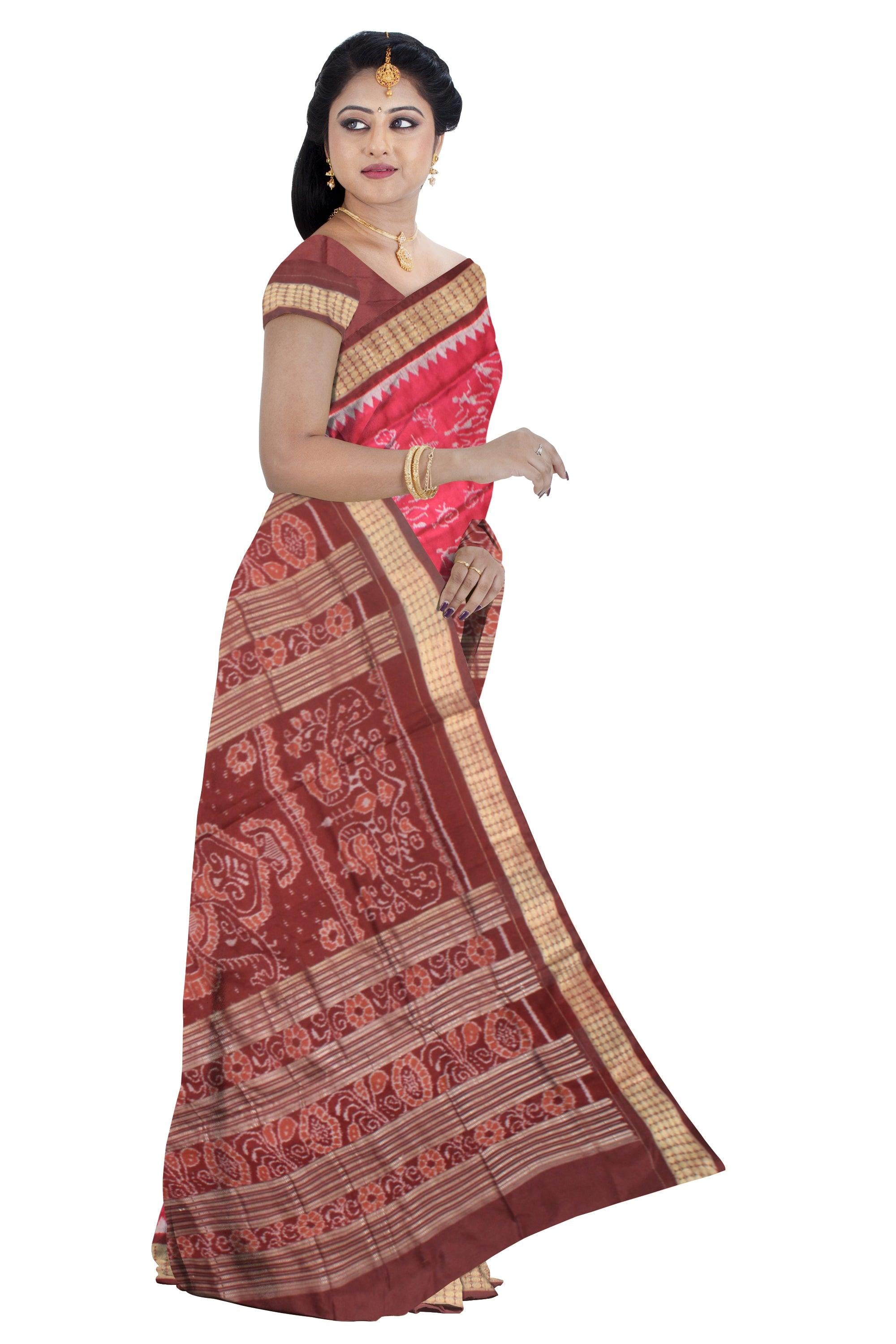 A Sambalpuri Pata Saree in Dark Pink Color in house and doll design  with blouse piece. - Koshali Arts & Crafts Enterprise