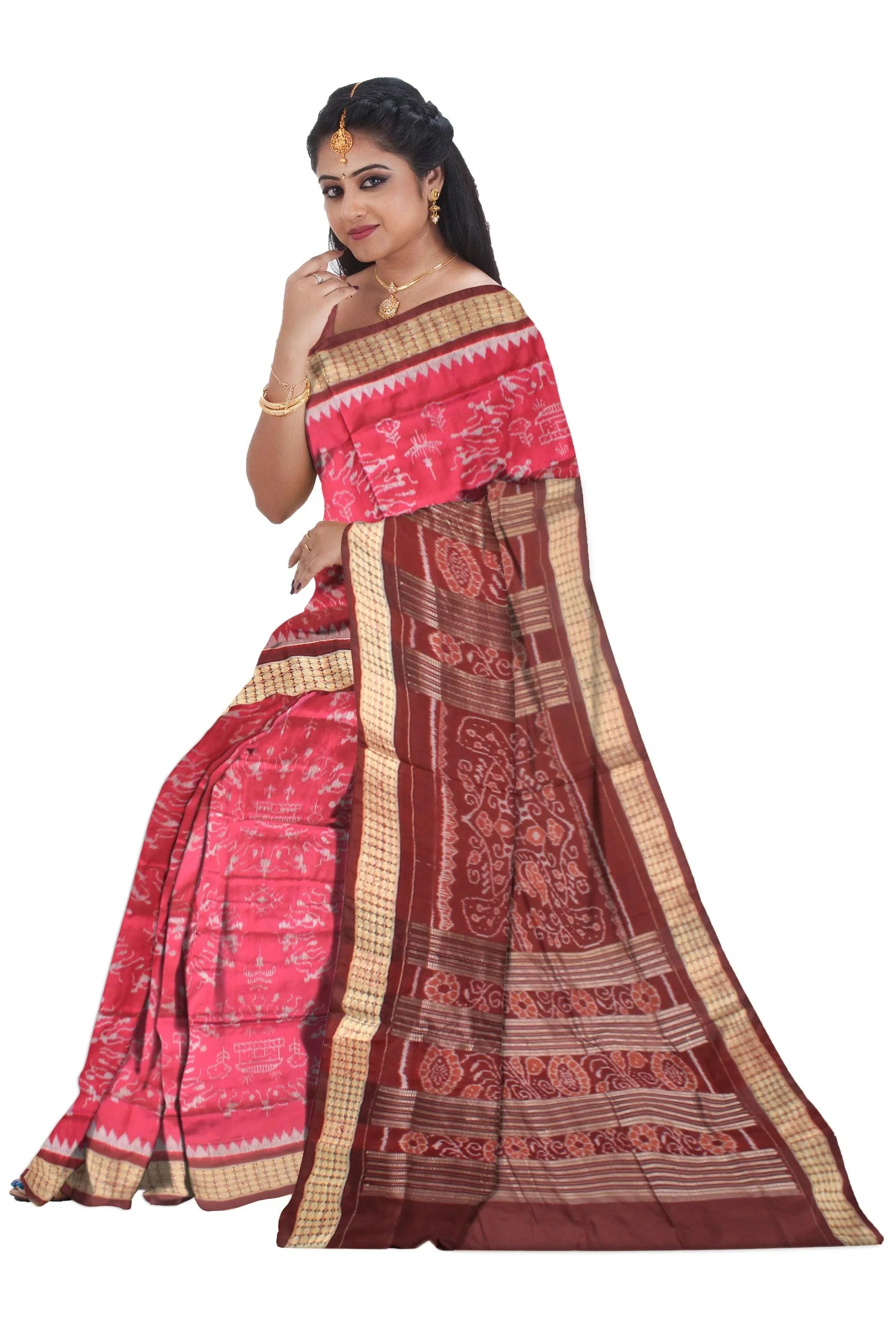A Sambalpuri Pata Saree in Dark Pink Color in house and doll design with blouse piece. - Koshali Arts & Crafts Enterprise