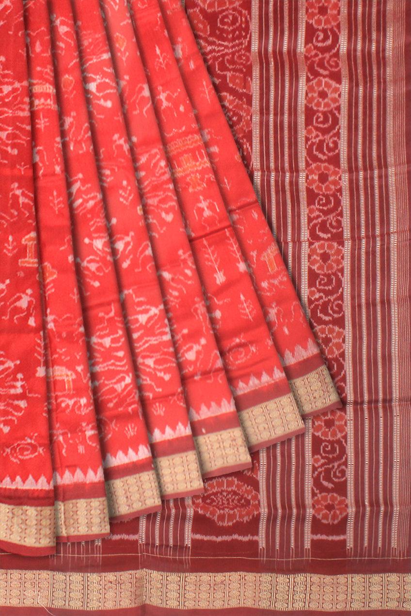 A Sambalpuri Pata Saree in Dark Orange Color in house and doll design  with blouse piece. - Koshali Arts & Crafts Enterprise