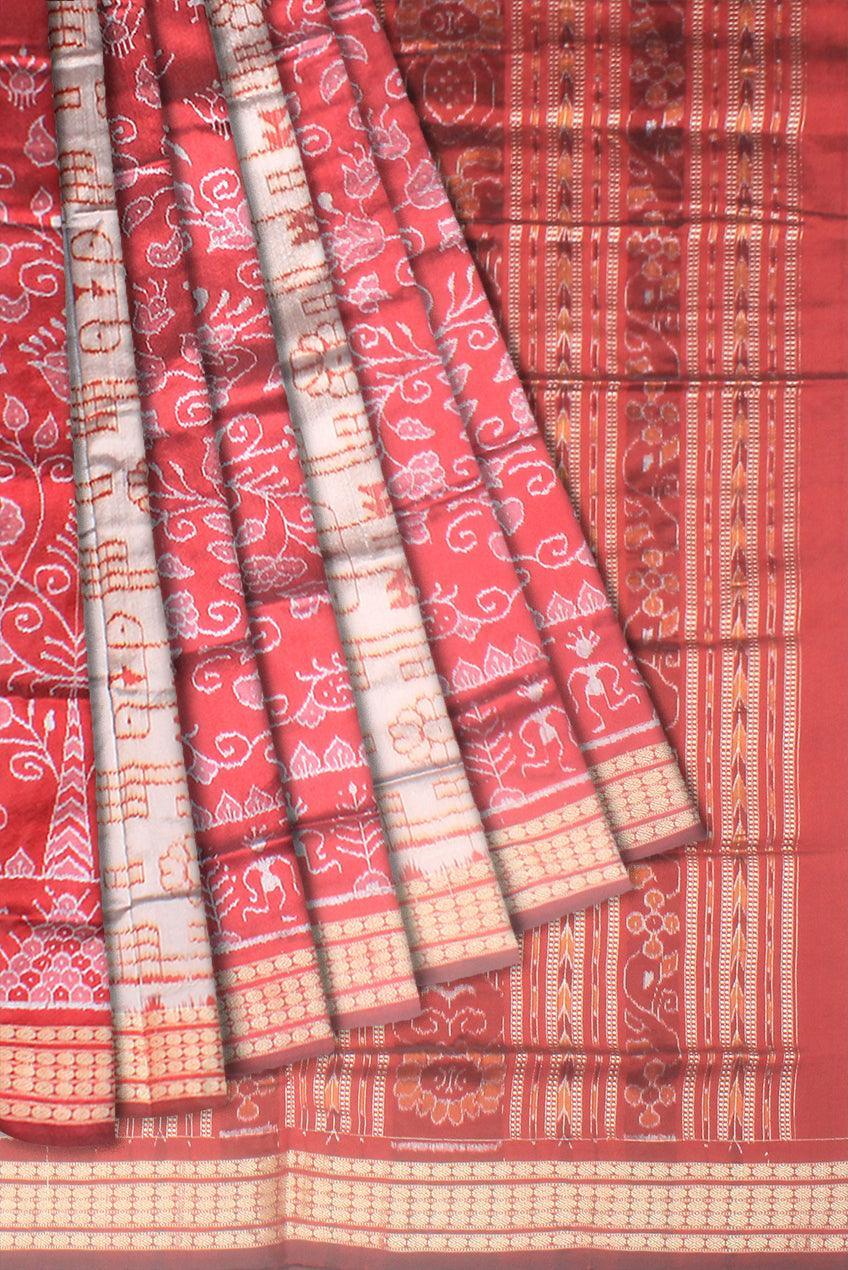 A sambalpuri Pasapalli pata sree in Red color and tree design whole body with blouse piece. - Koshali Arts & Crafts Enterprise