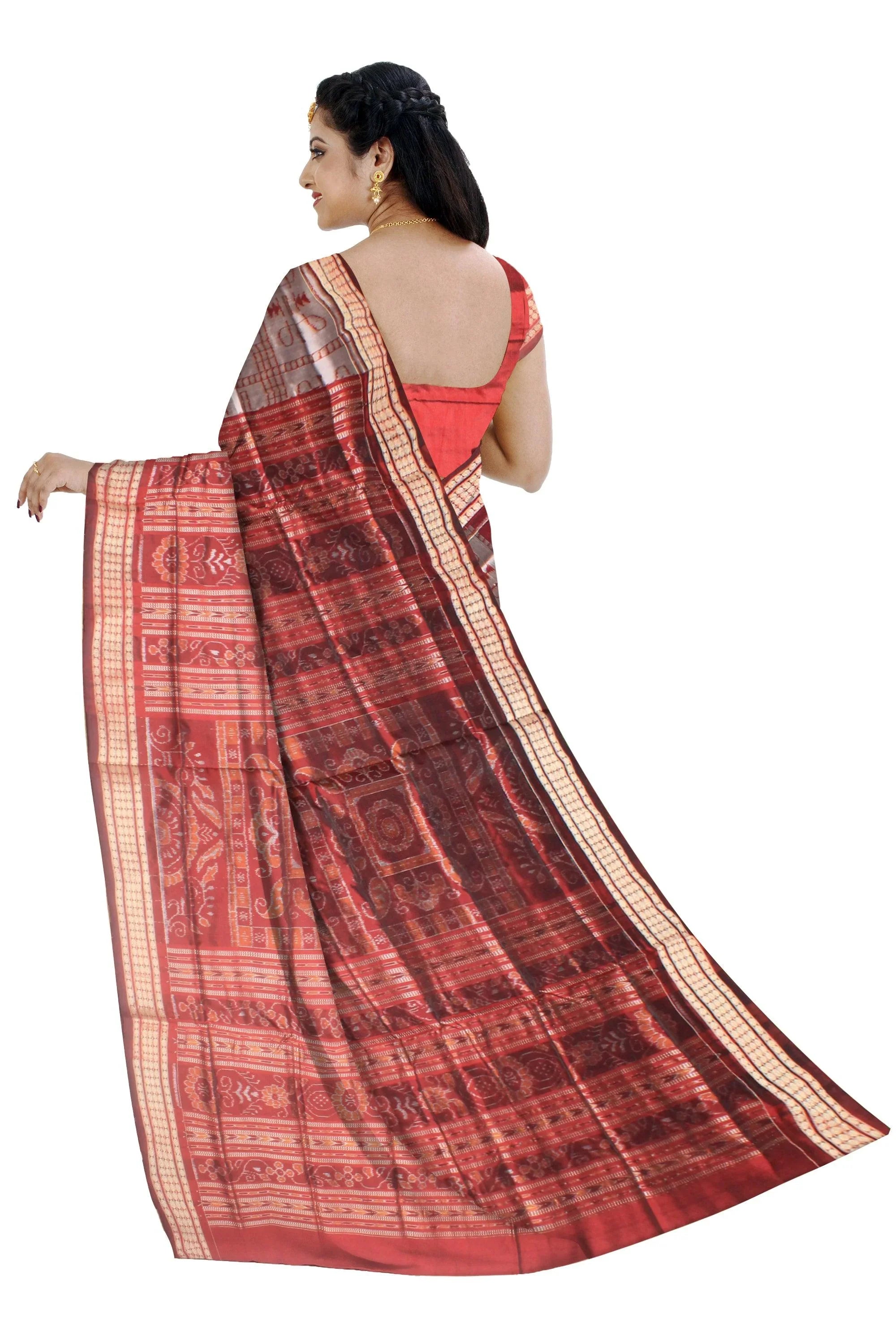 A sambalpuri Pasapalli pata sree in Red color and tree design whole body with blouse piece. - Koshali Arts & Crafts Enterprise