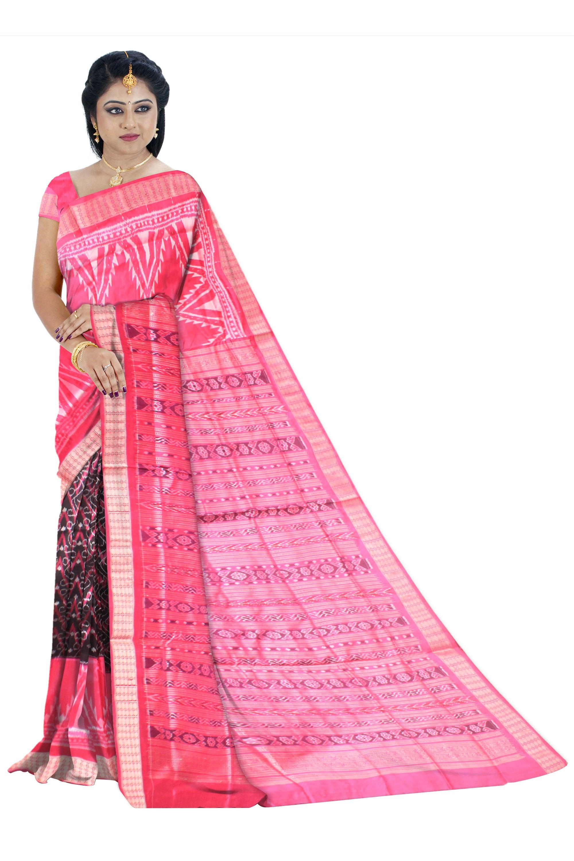 Pink and Black color Sambalpuri Pata saree kumbha design with blouase piece. - Koshali Arts & Crafts Enterprise