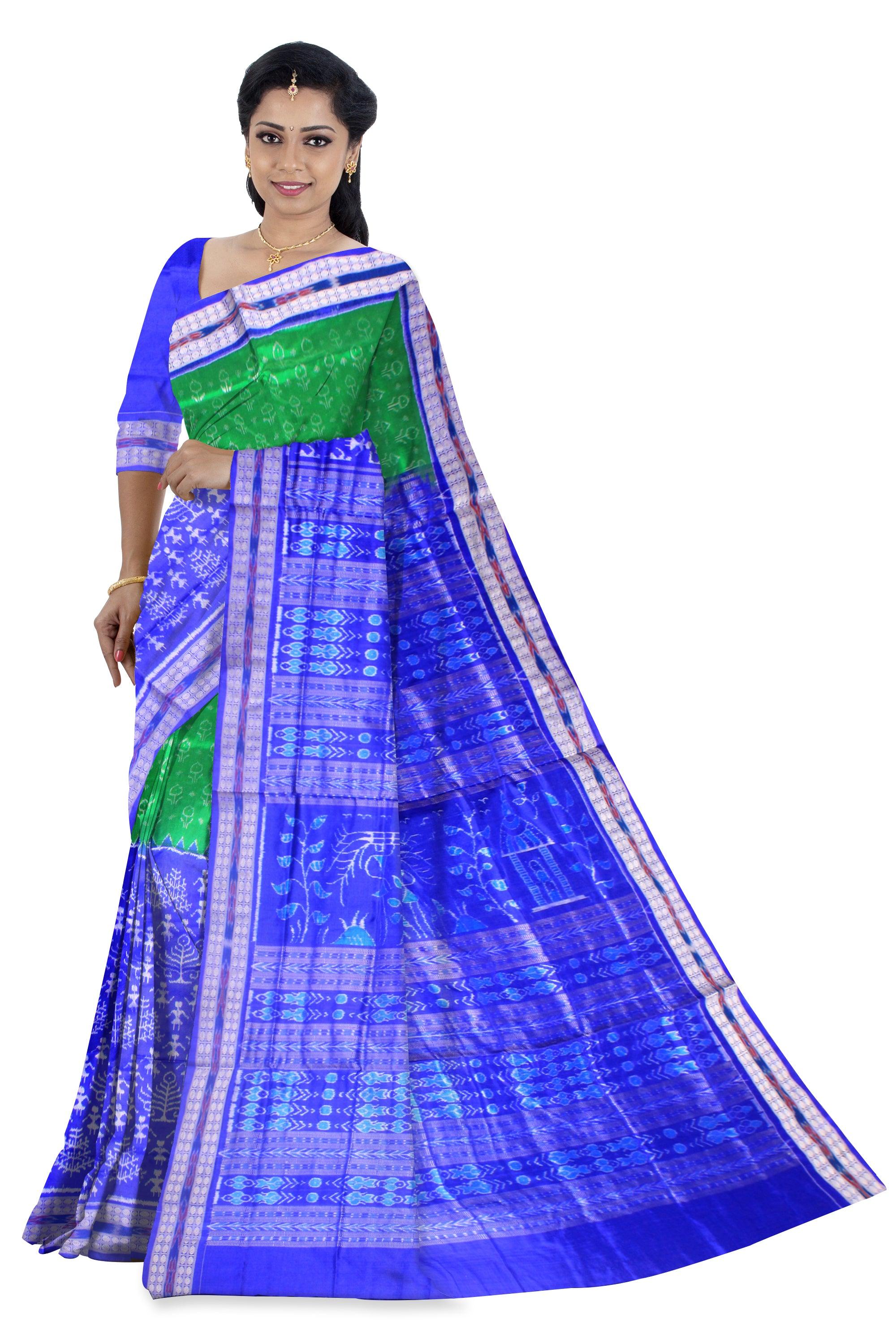 Sambalpuri Green and Blue Pata saree in small doll or Aadibasi,tree parten with blouse piece. - Koshali Arts & Crafts Enterprise