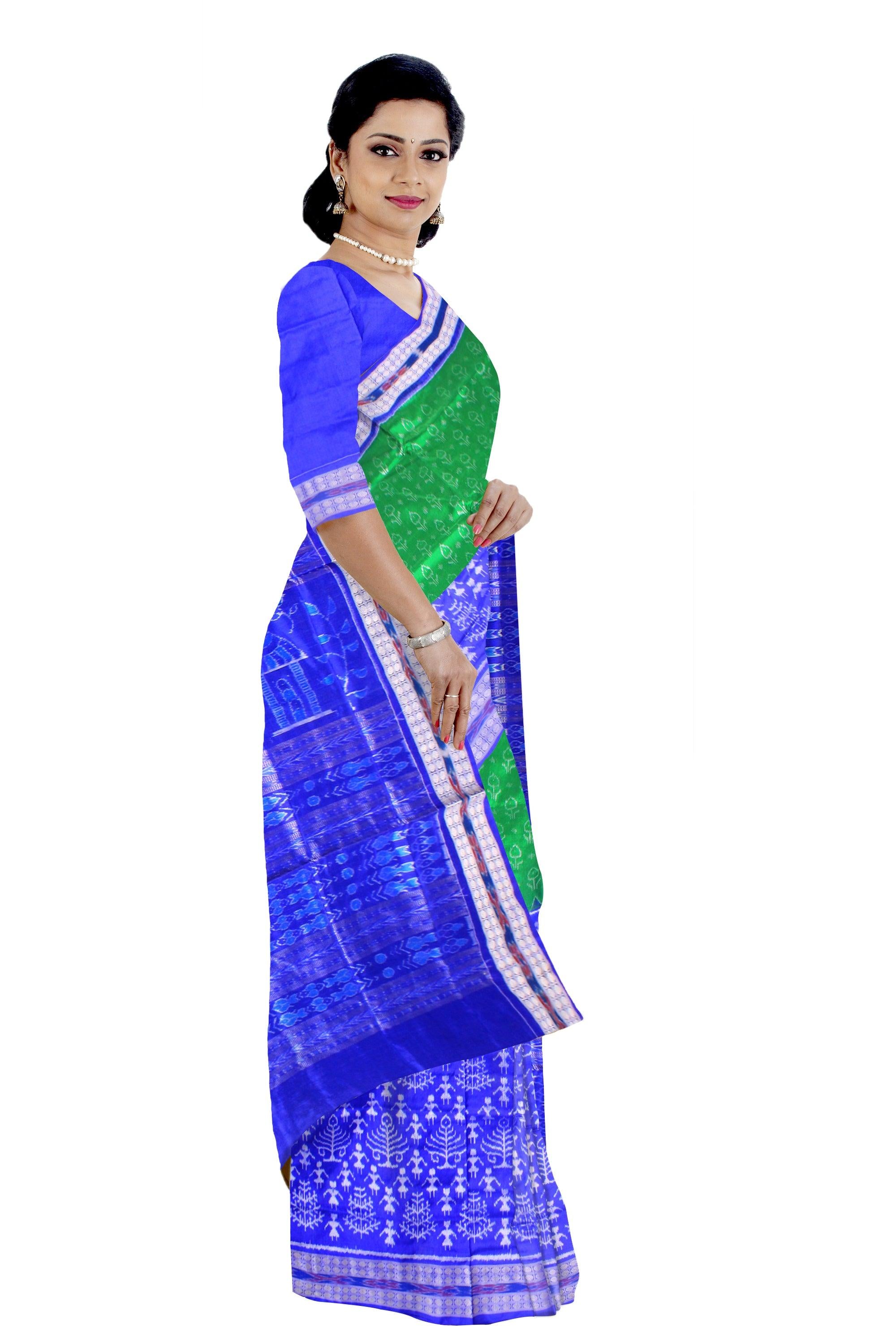 Sambalpuri Green and Blue Pata saree in small doll or Aadibasi,tree parten with blouse piece. - Koshali Arts & Crafts Enterprise