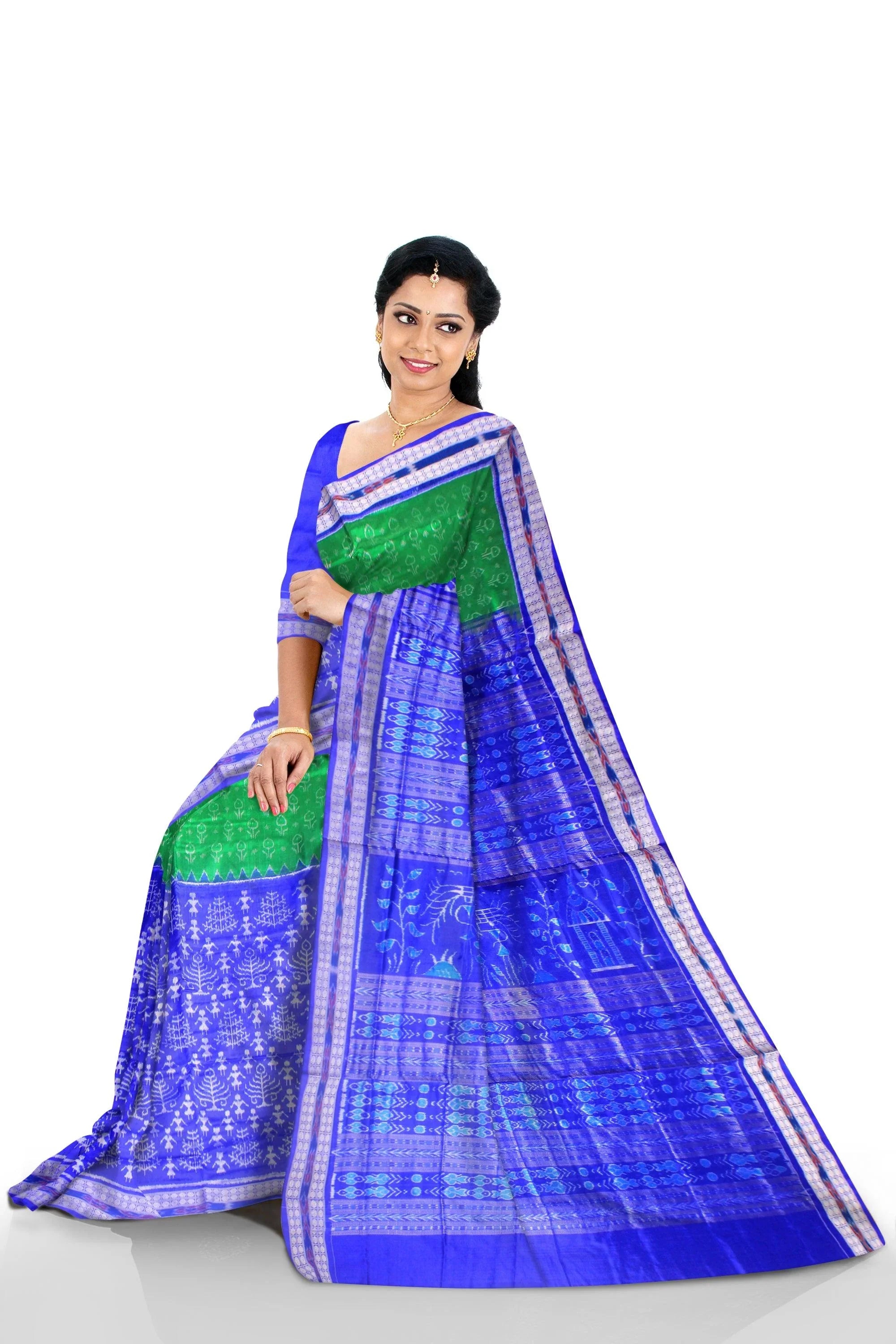 Sambalpuri Green and Blue Pata saree in small doll or Aadibasi,tree parten with blouse piece. - Koshali Arts & Crafts Enterprise