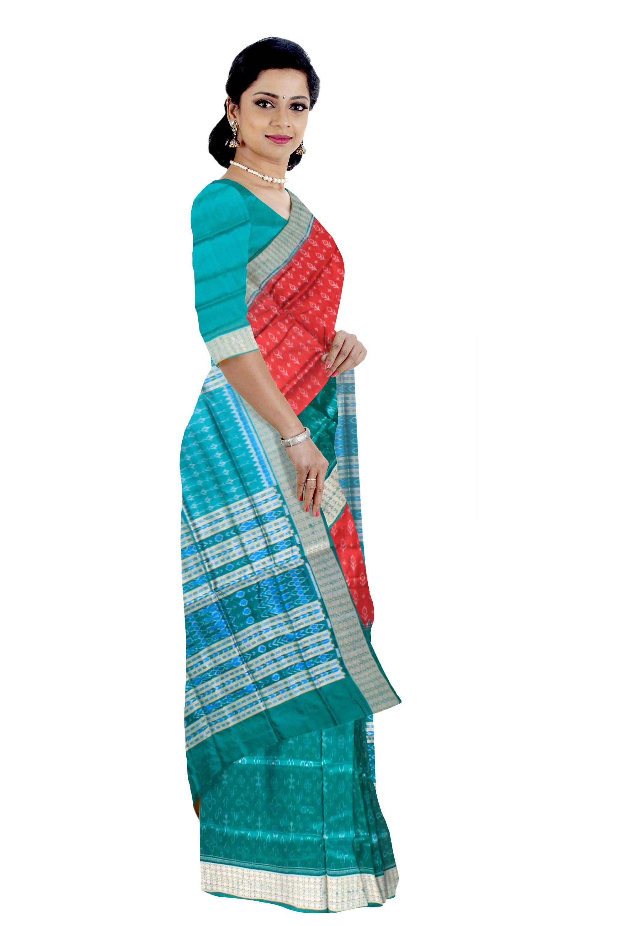 Sambalpuri Pata Saree in Dark blue and Dark orange Color in small leaf design with Silver color Border with blouse piece. - Koshali Arts & Crafts Enterprise
