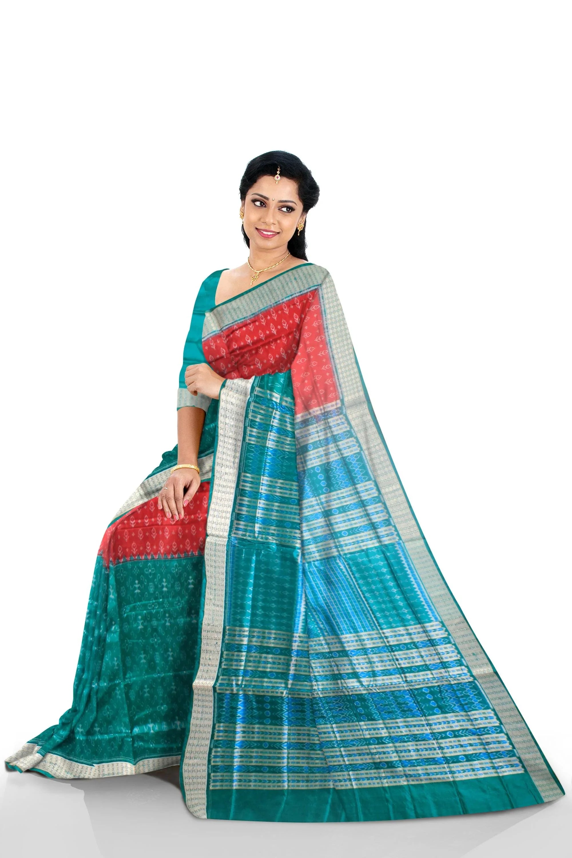 Sambalpuri Pata Saree in Dark blue and Dark orange Color in small leaf design with Silver color Border with blouse piece. - Koshali Arts & Crafts Enterprise