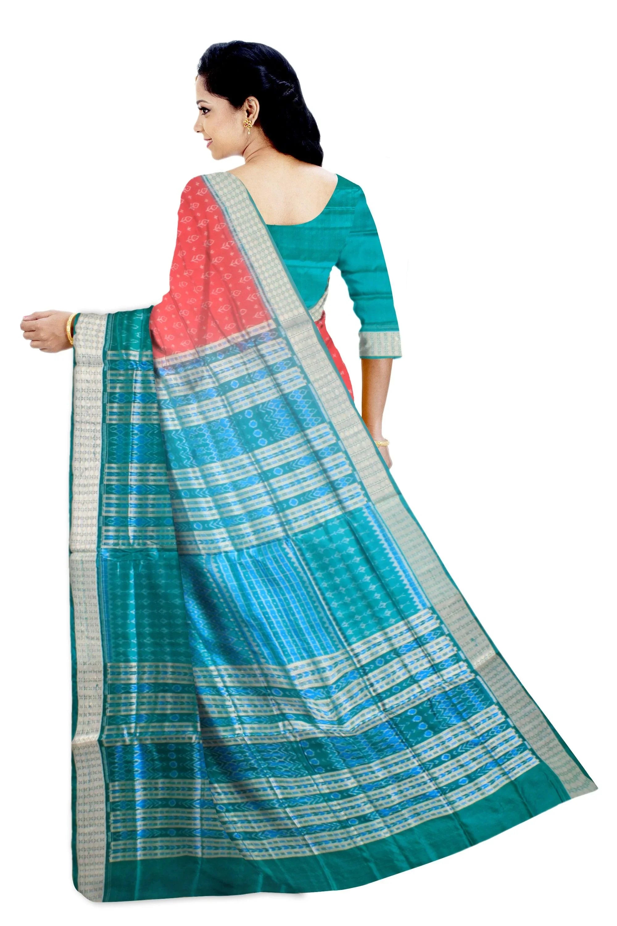 Sambalpuri Pata Saree in Dark blue and Dark orange Color in small leaf design with Silver color Border with blouse piece. - Koshali Arts & Crafts Enterprise