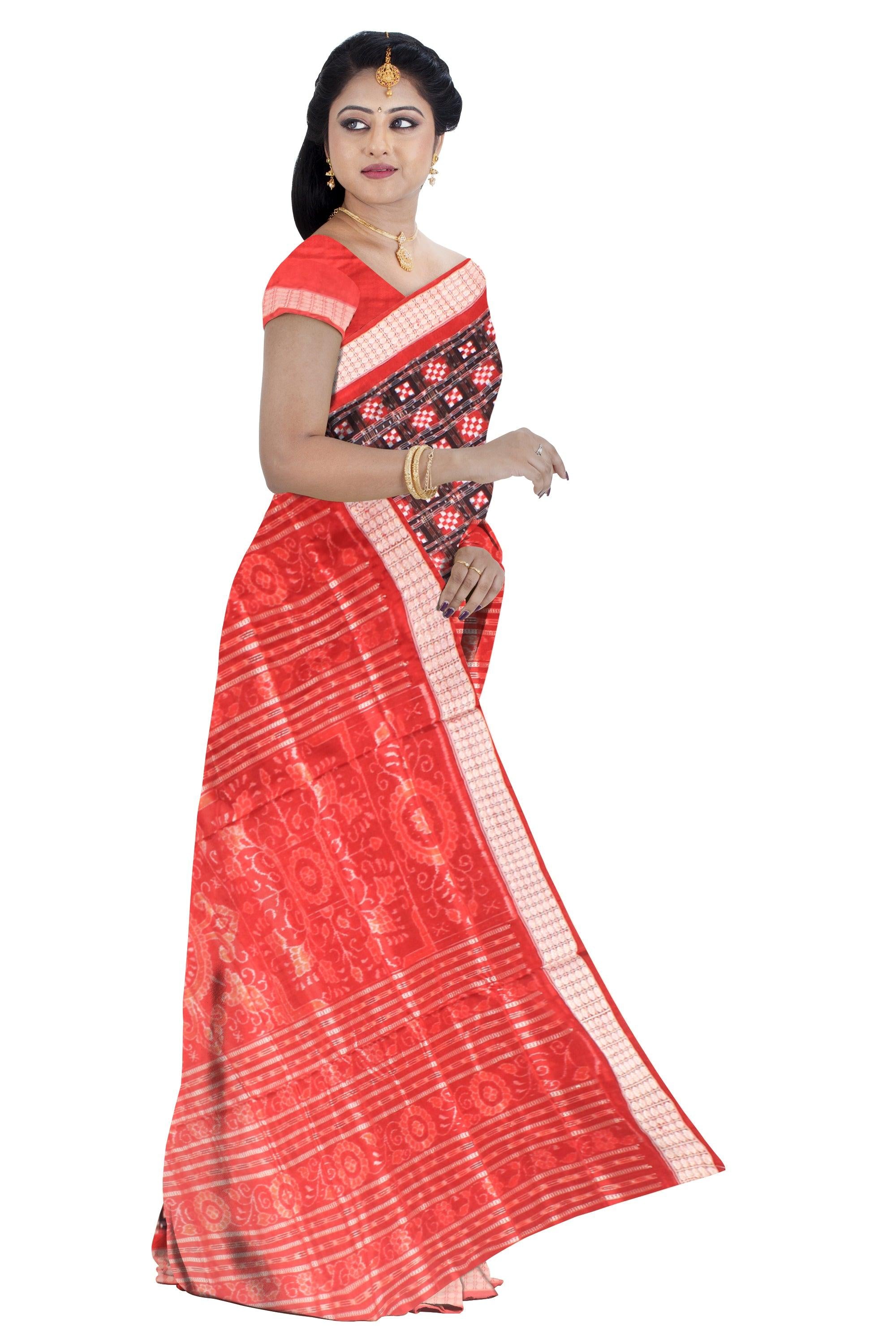 A Sambalpuri Pata saree in Red and Blak color Sapta design body,with blouse piece. - Koshali Arts & Crafts Enterprise