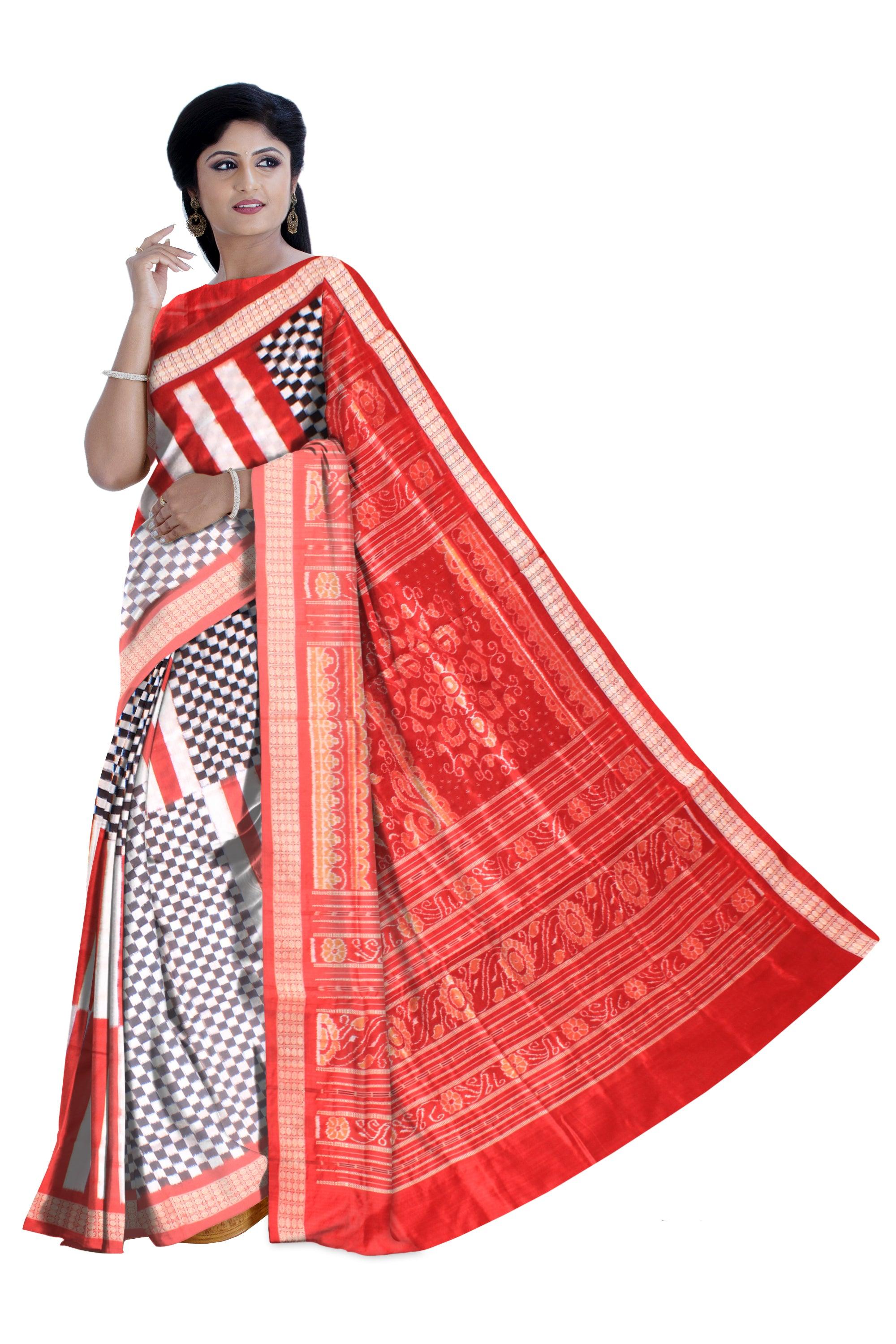 Full body Check design White and Red color Sambalpuri Pata saree with blouse piece. - Koshali Arts & Crafts Enterprise