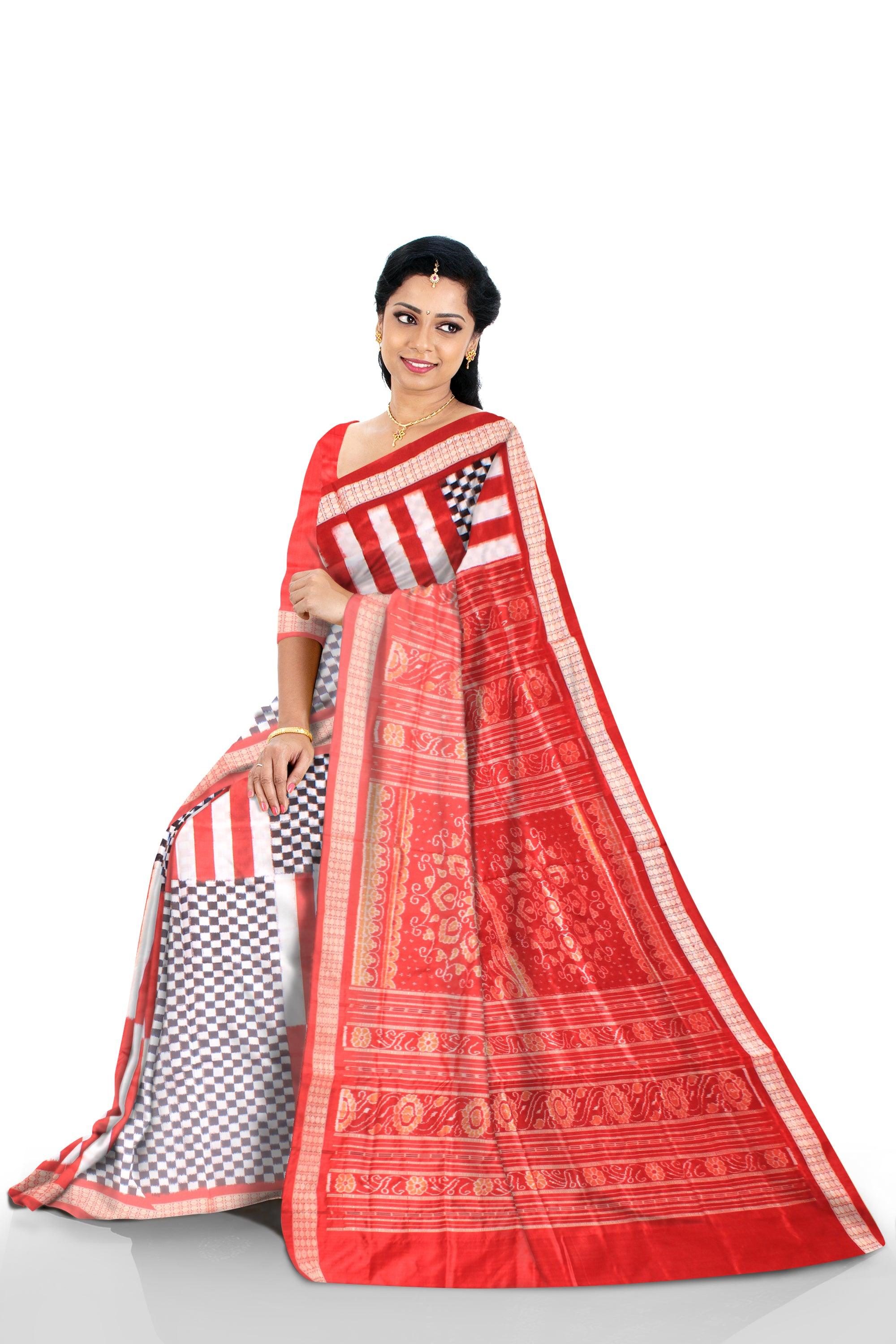 Full body Check design White and Red color Sambalpuri Pata saree with blouse piece. - Koshali Arts & Crafts Enterprise